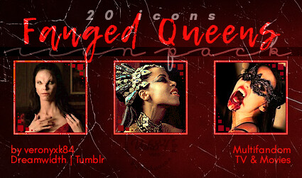 Icon pack cover with text reading: 20 icons, Fanged Queens, icon pack - Displaying a preview of 3 icons depicting Drusilla (Buffy the Vampire Slayer), Akasha (Queen of the Damned), and Katherine (The Vampire Diaries) fangedqueens_pack.jpeg