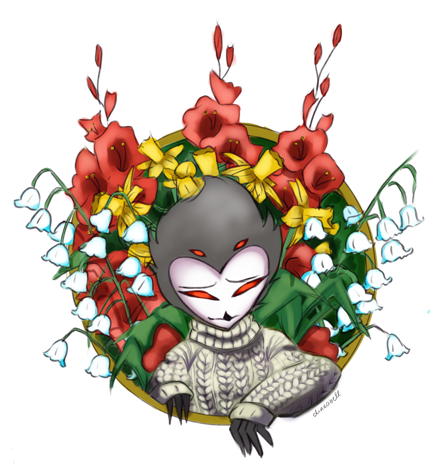 Art of Stolas surrounded by flowers."