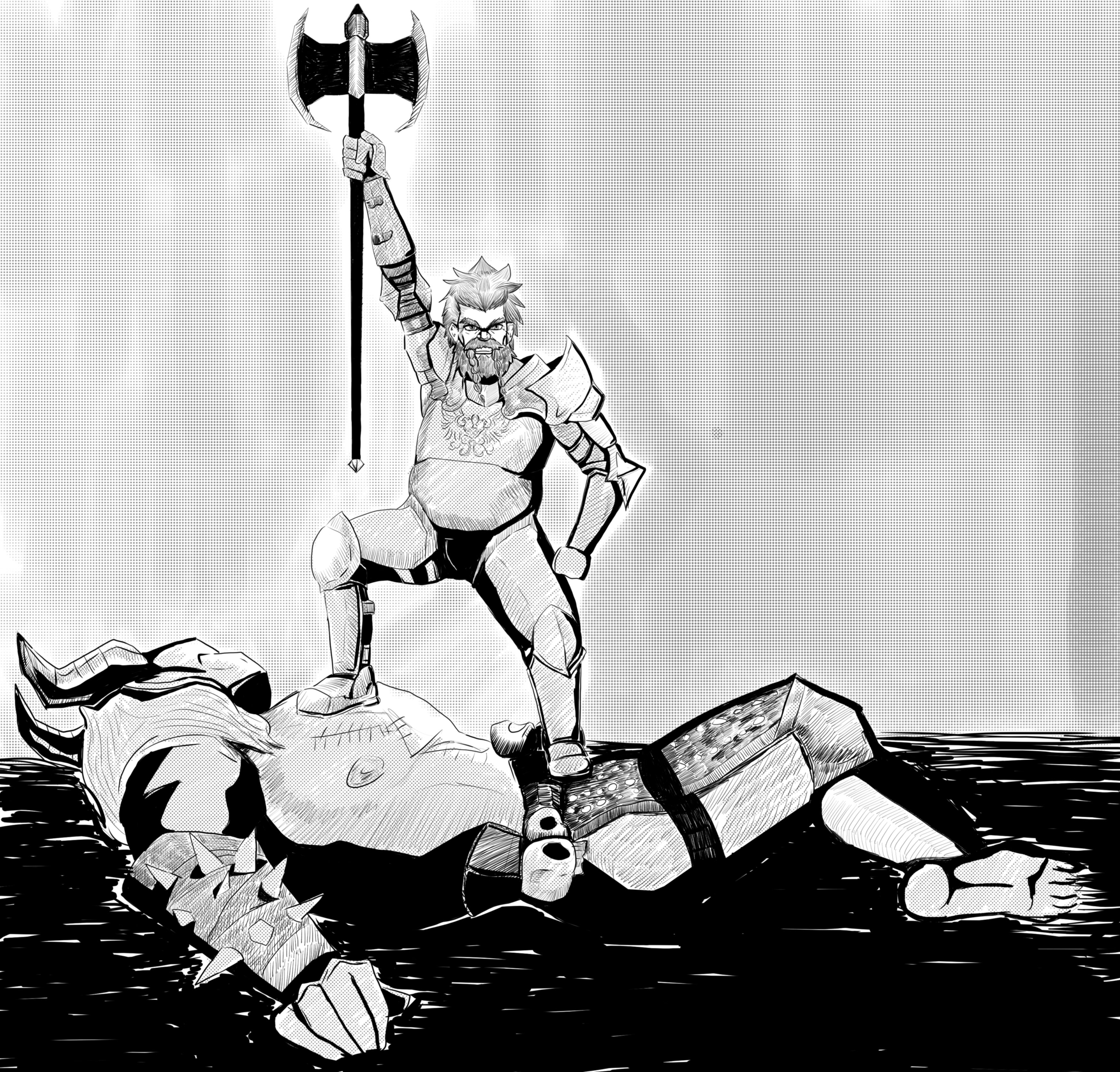 Oghren raising his battle axe while standing on top of a dead ogre