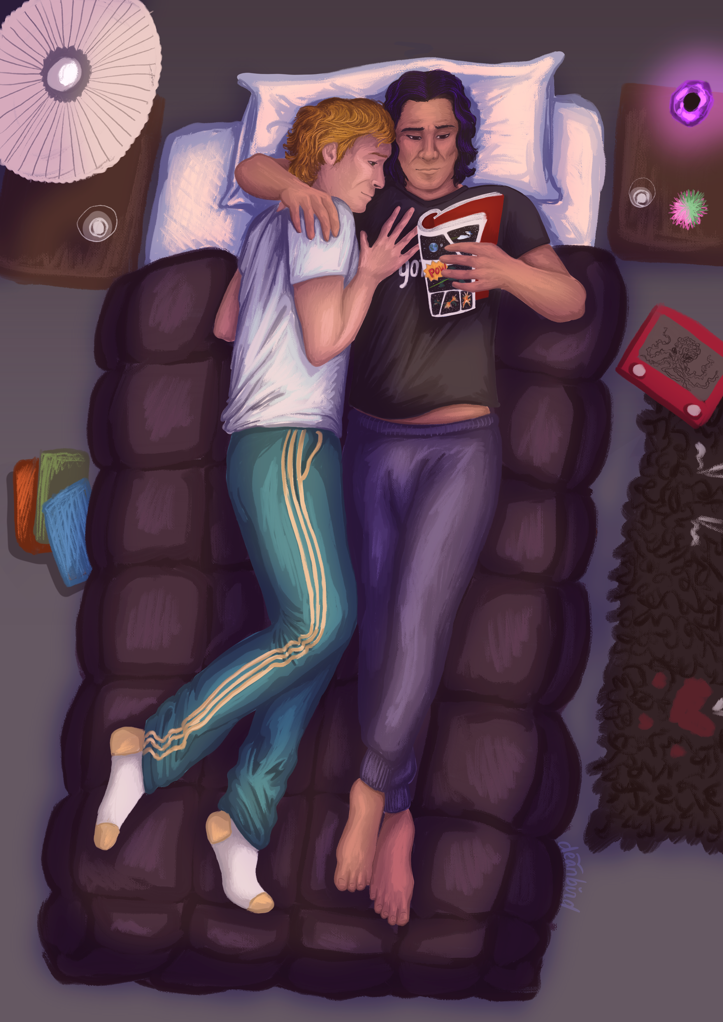 A top view  illustration of young Ed and Stede in a twin sized bed with a puffy purple comforter. Ed is reading a Star Trek comic book with one hand and has his other around Stede's shoulder. Stede is curled up to his side with his head resting on Ed's shoulder. On the floor you can see the edge of a rug with blackbeards flag design, an etch-a-sketch, and more comic books. There are two nightstands beside the mattress. One has a regular lamp and a glass of water, the other has a glass of water, a purple lava lamp, and a koosh toy.