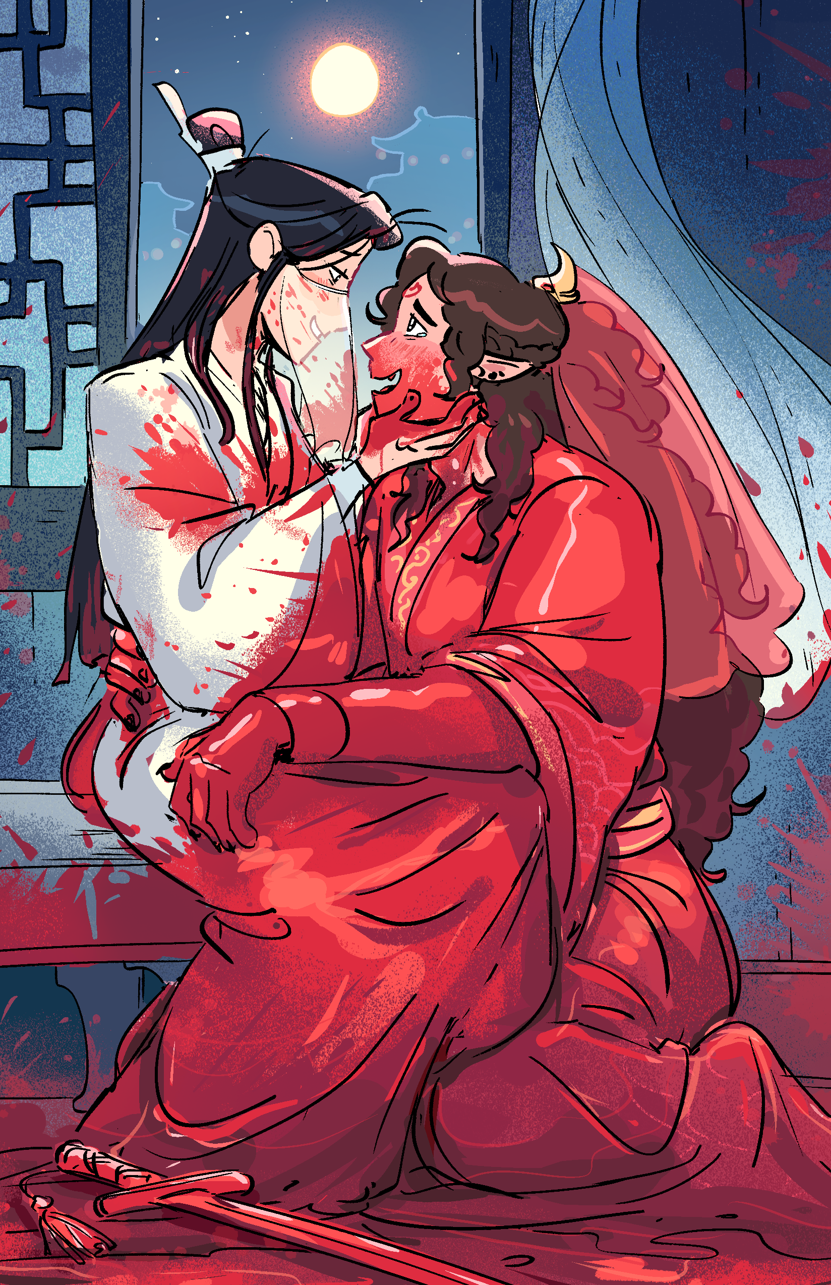 Fanart of Luo Binghe and Shen Qingqiu. Shen Qingqiu wears white robes and a veil over his face and is seated on a bench. Luo Binghe is dressed in wedding robes and kneeling in front of Shen Qingqiu on the floor. Shen Qingqiu is cradling Luo Binghe's face in his hands. Both of them are covered in blood, as is the floor around them.