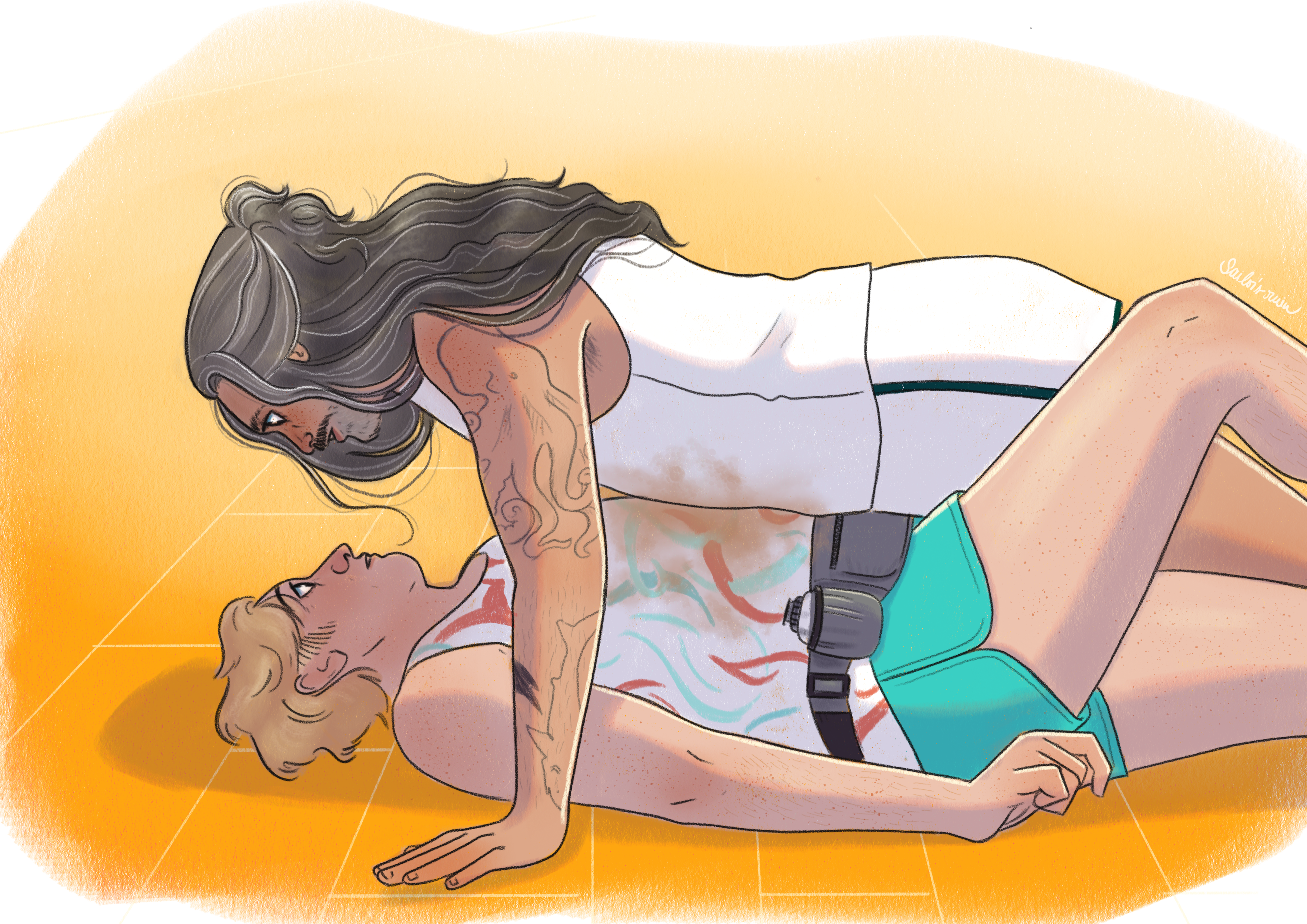 Modern AU Ed and Stede from Our Flag Means Death. Stede is in workout clothes flat on his back with coffee on his top. Ed is on top of him staring straight down at him. Ed is in a white tank top and white shorts with green trim.