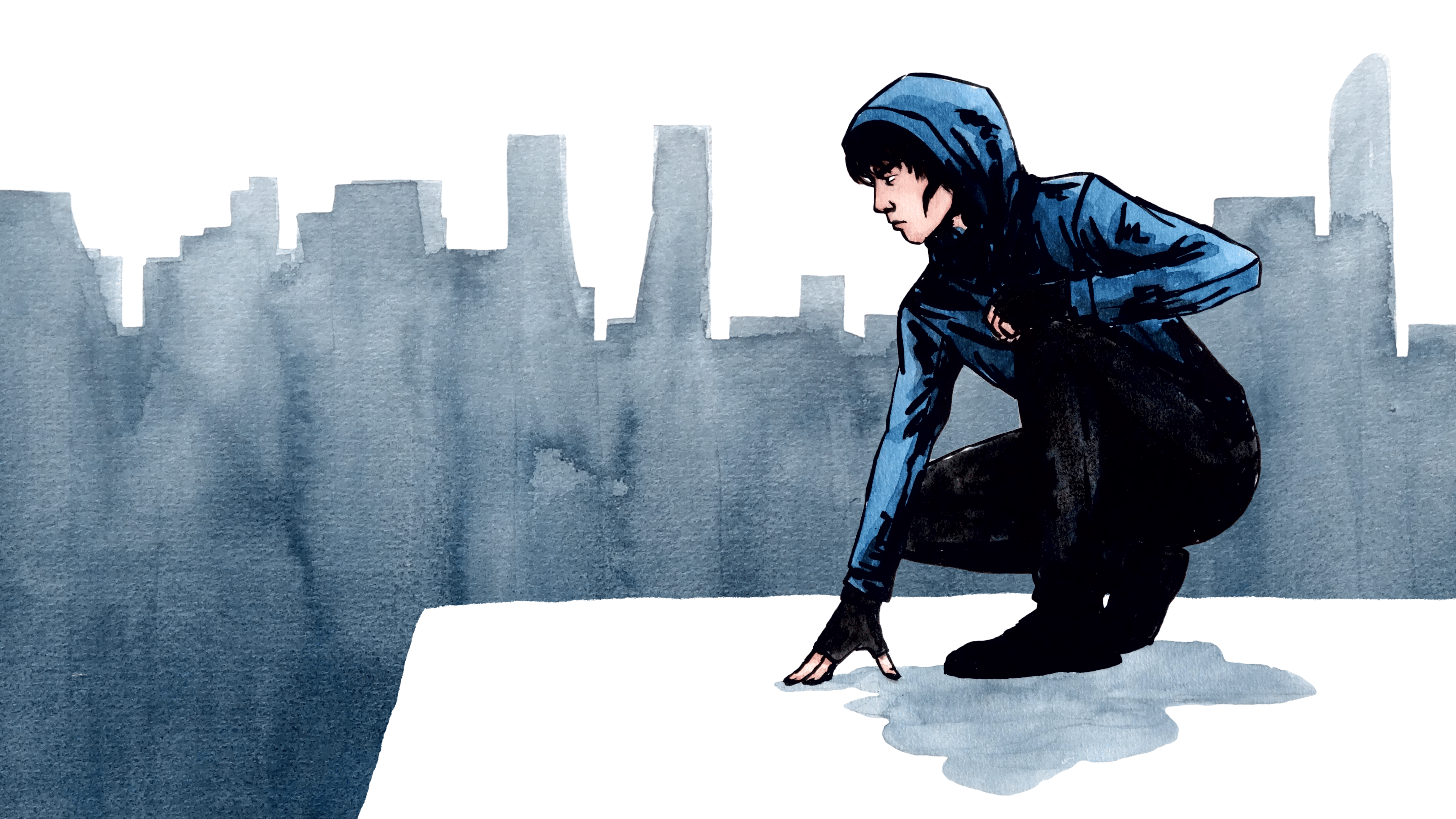 Ink bainting in blue tones of a figure crouched on a rooftop against an inkwash city skyline.