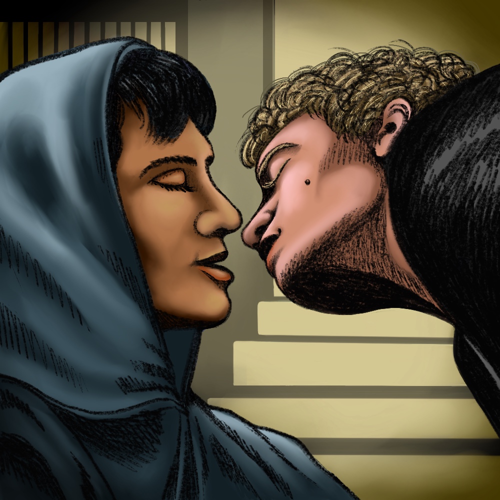 Shane in a dull blue hoodie at left, with Ilya leaning in to kiss him, in the stairwell of Shane's building.