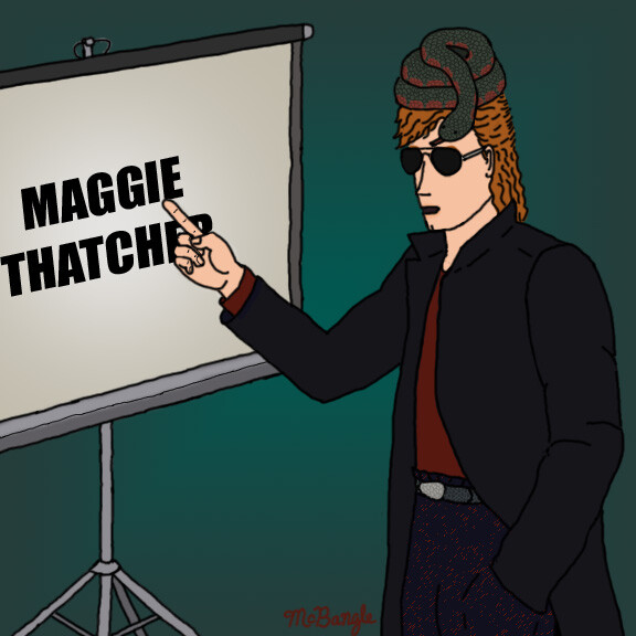 Crowley delivers a presentation in Hell in the 1980s with a snake curled on top of his head