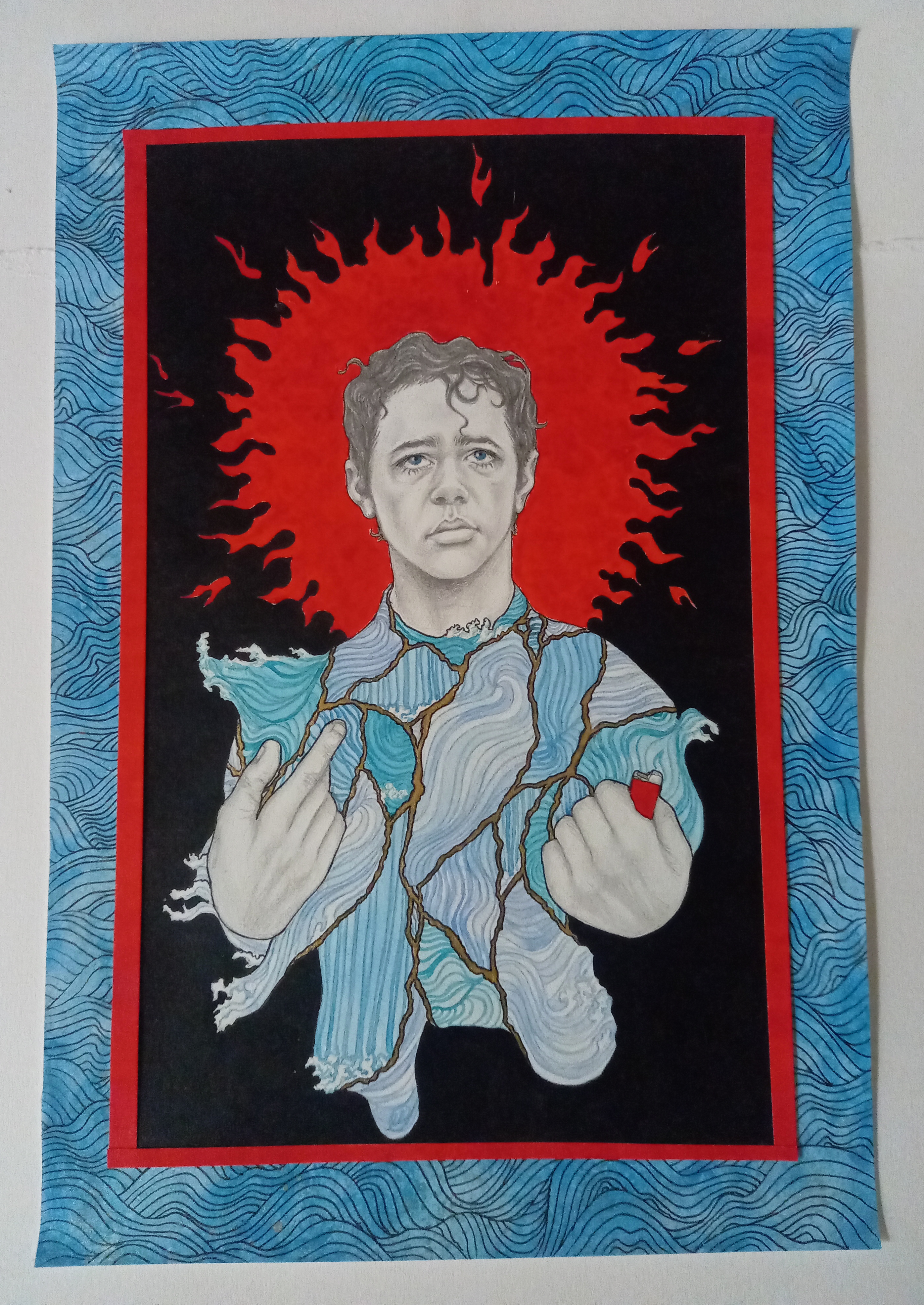Watercolour and pencil drawing of Drew Dawson from The Trolley Problem depicted looking sad, one of his hands is half pointing to himself the other is holding a red lighter. His shirt is made up of waves of various shades of blue with golden lines separating them. The background is black with a red sun behind his head. The piece also has a blue outer border and a smaller red border.
