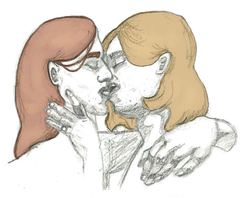 Image ID: A pencil sketch of Elliott and Lestat French kissing. Both are shirtless. Lestat has one possessive hand wrapped around Elliott's neck, one finger up on his cheek. Elliott has his arm around Lestat, resting one loose hand on his shoulder. Their hair, loose around their faces and shoulders, has been digitally coloured in on low opacity. End ID.