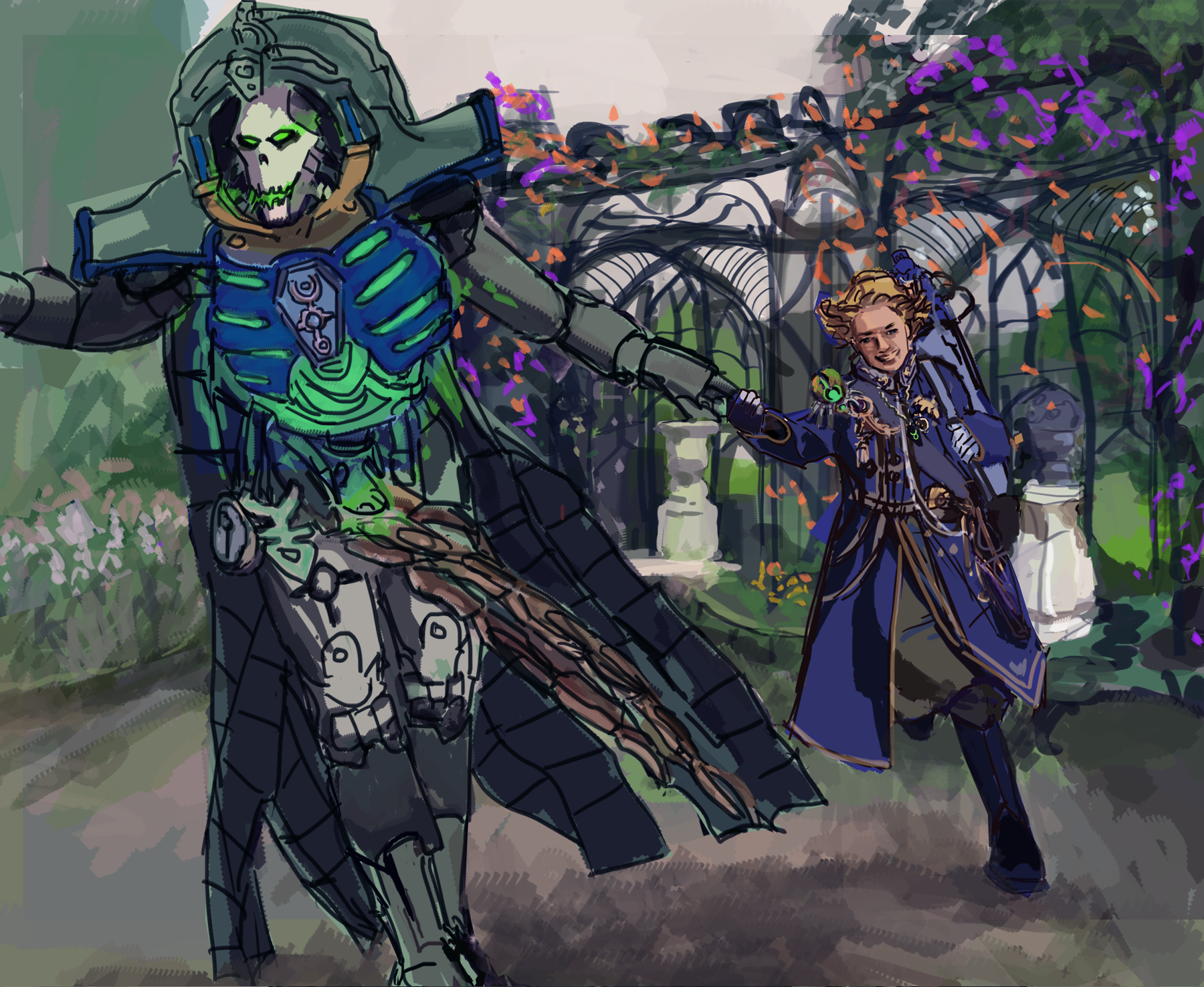 Trazyn & Valeria holding hands strolling through a park