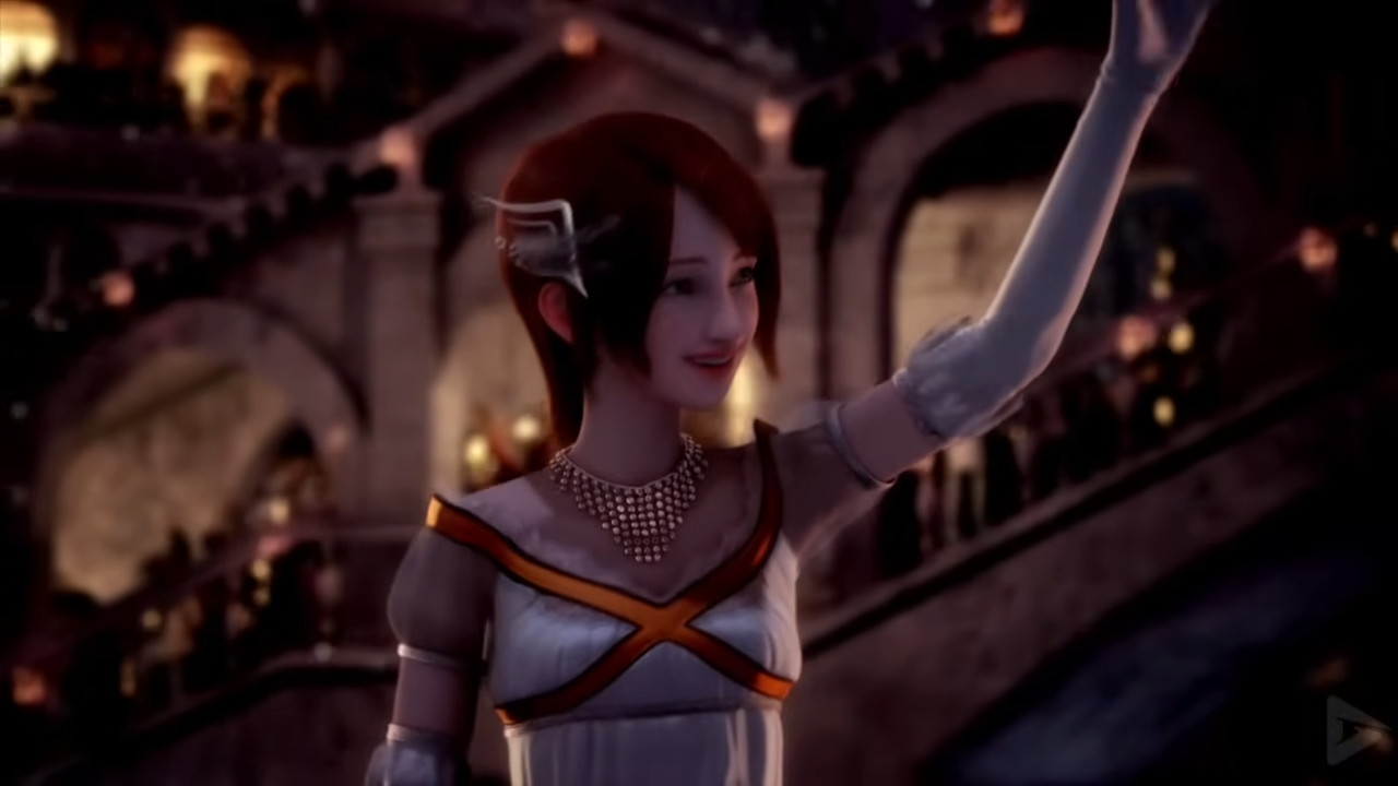 A beautifully-rendered screencap of a redheaded girl waving and smiling against a night cityscape.