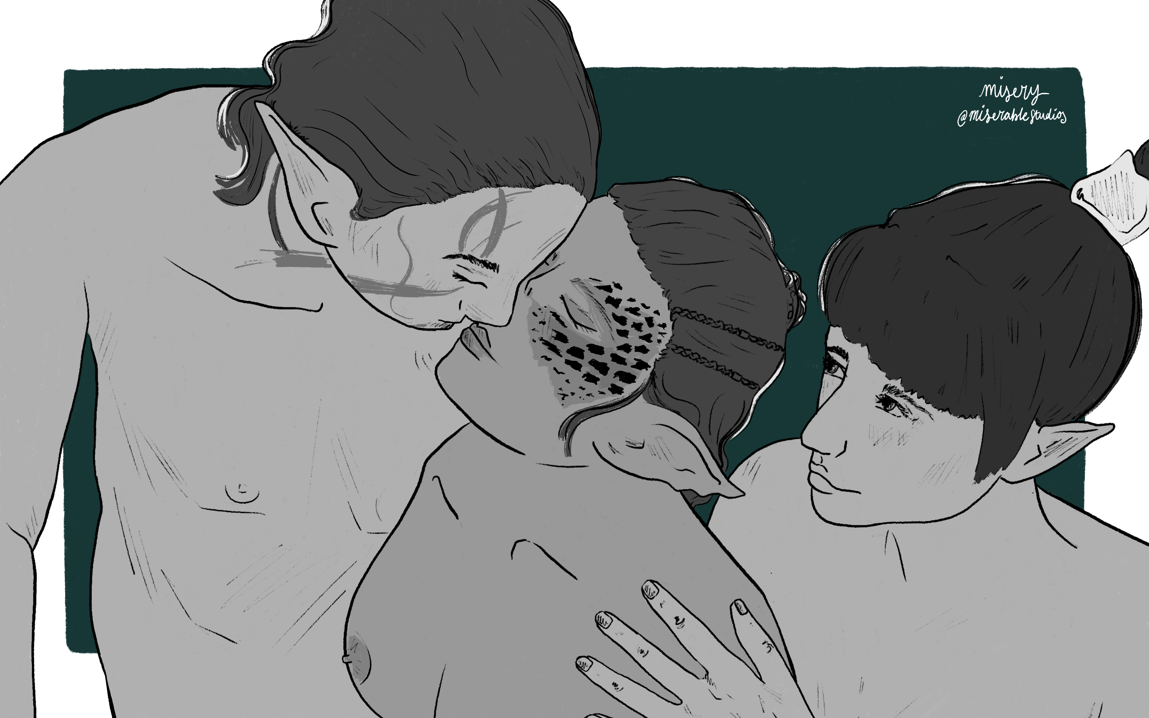 A black and white shaded and drawn nude art piece of Halsin gently kissing Lae'zel, while Shadowheart looks on lovingly and longingly, gently touching Lae'zel's shoulder 