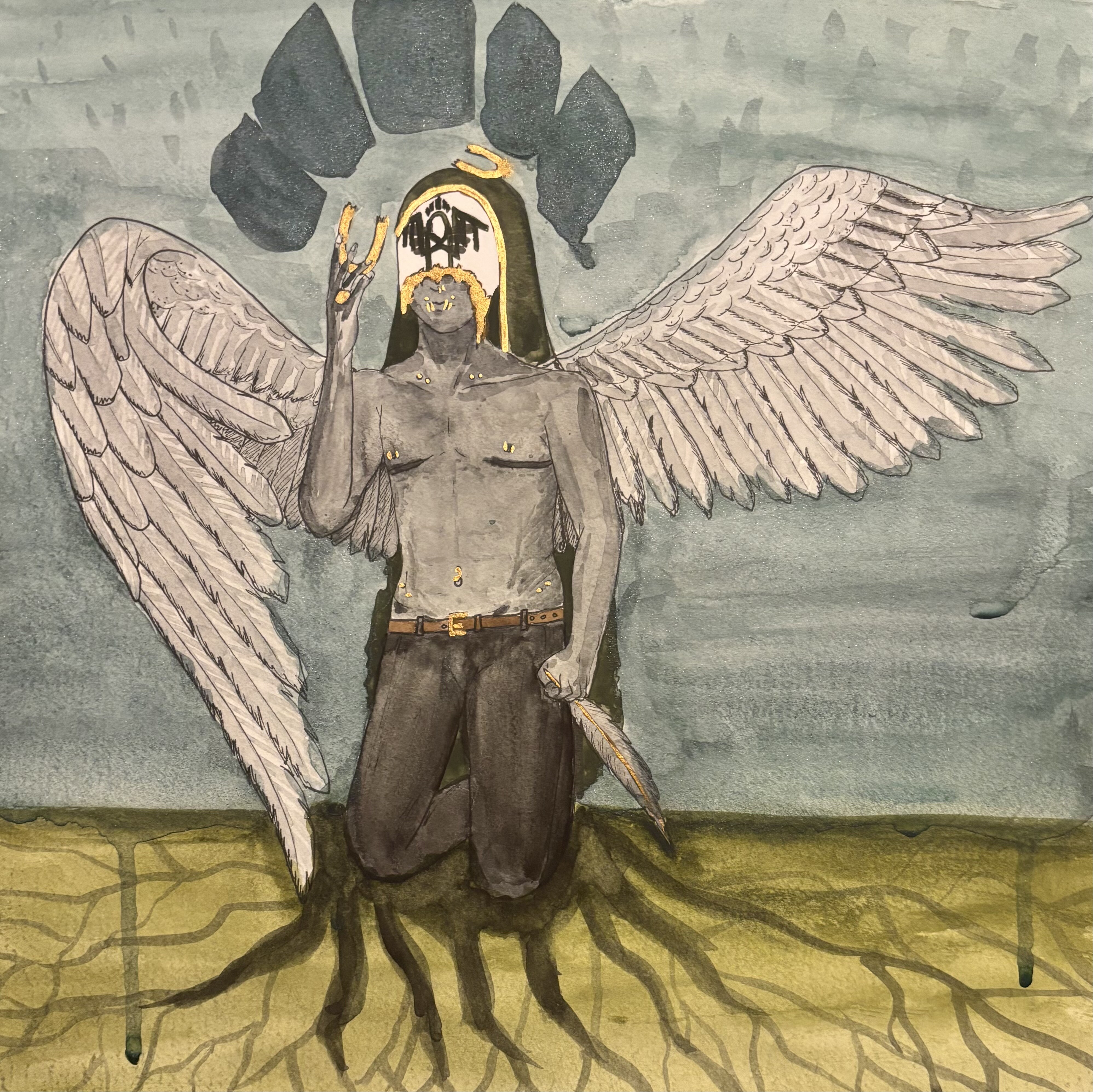 a watercolour painting of trans masculine Vessel as a fallen angel. He’s wearing black pants with his brown belt, a torn green cloak, his mask, and has top surgery scars that are darker than I’ve painted his skin. One of his hands by his hip holds a feather and his right hand raised near his face is holding half of his broken halo and he has a ring on his ring finger. His wings are a light grey. He has many gold piercings adorning his body and lower face. Where he kneels on the grass, tendrils of ‘corruption’ branch out over the ground. Above his head there are five darker blue patches that resemble the top of the sleep token logo. His left wing is spread behind him and his right wing curls in front of him, almost as if trying to shield himself.
