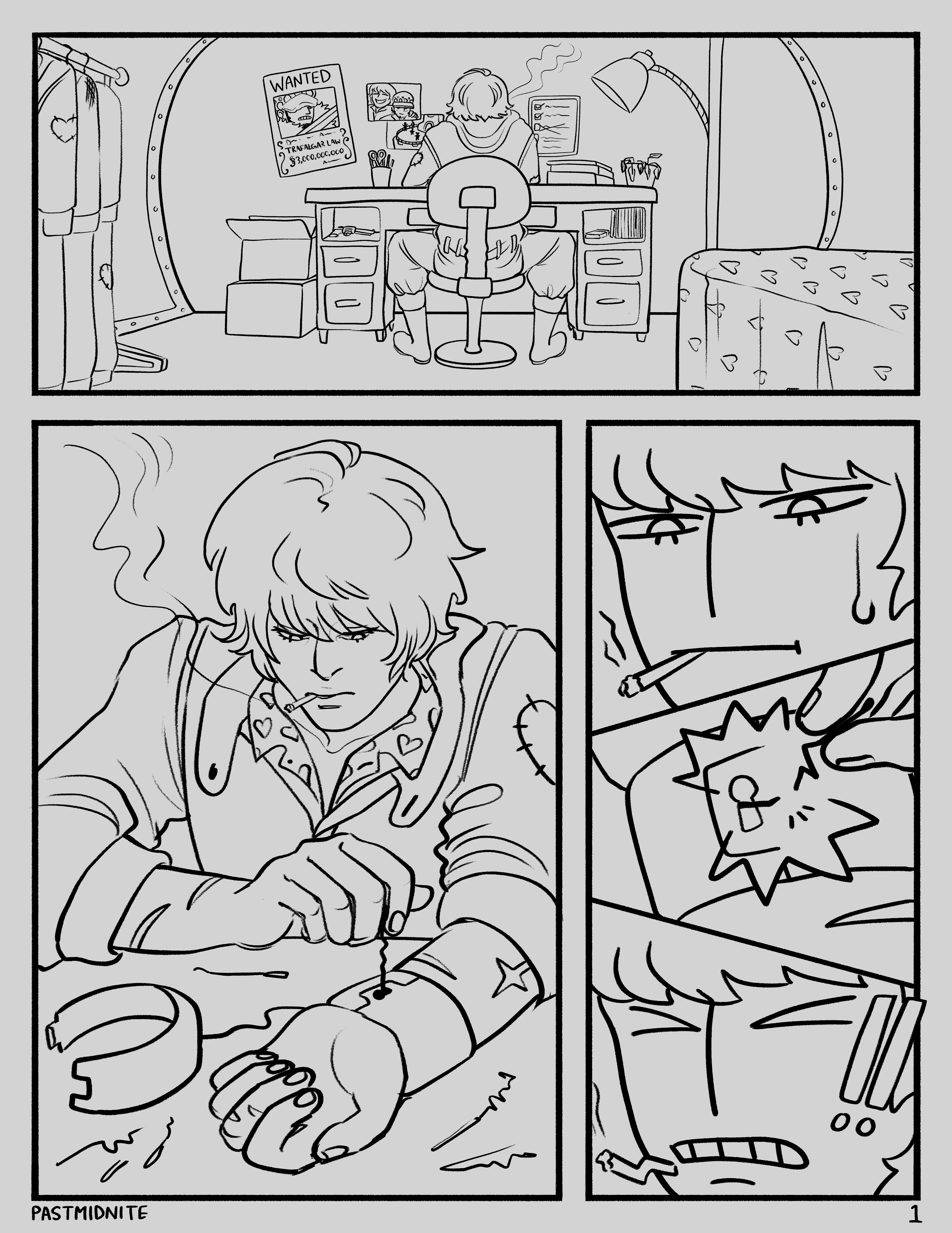 Panel 1: Back view of Cora sitting on his desk in his cabin in the Polar Tang working on something - it's unclear what. He's hung up photos of Law and the crew as well as a copy of Law's wanted poster.  Panel 2: Front view of Cora trying to open a single seastone cuff fastened around his wrist using a bobby pin.  Panels 3-5: Closeup of Cora's face as he tries to open the cuff - the bobby pin snaps - Cora makes a frustrated face.