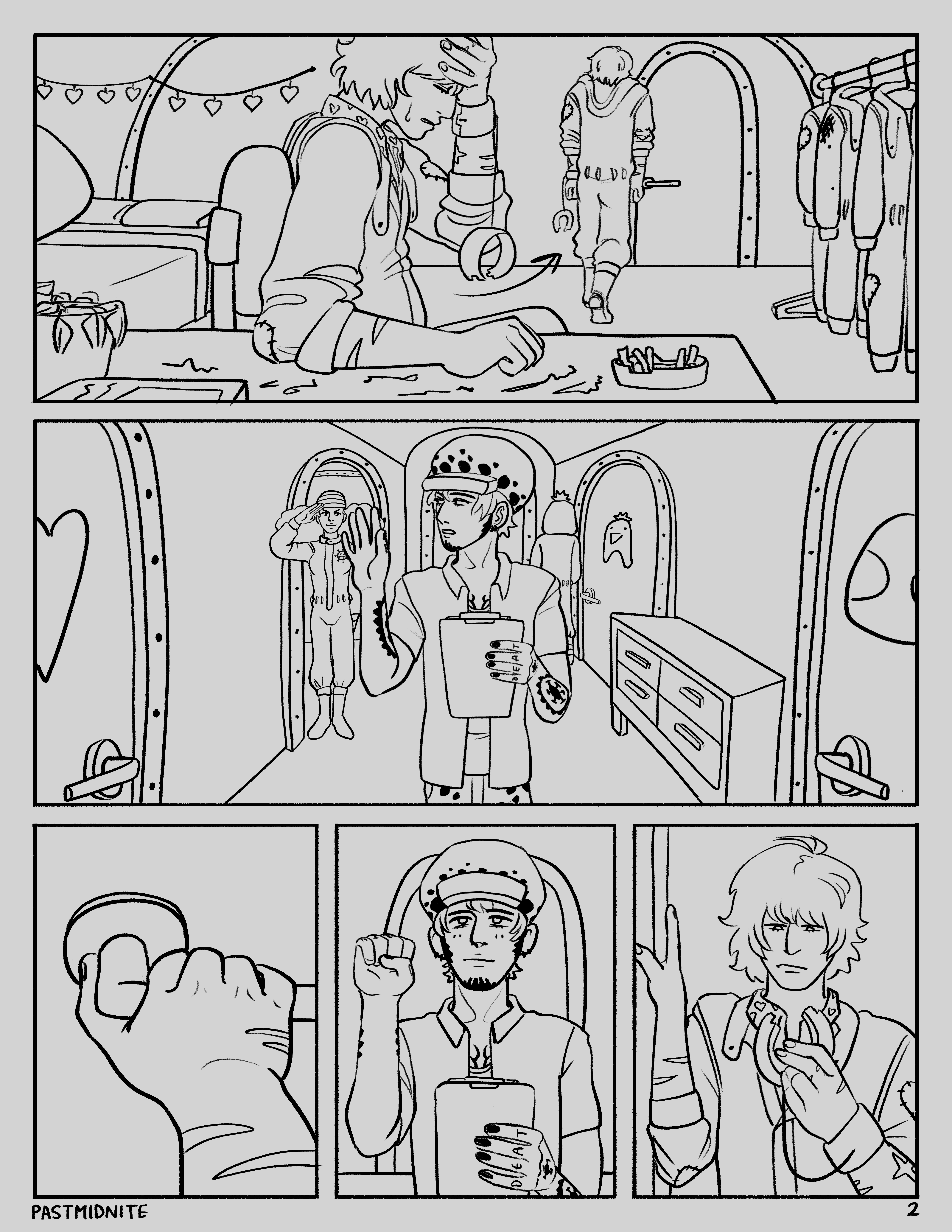 Panel 1: Cora puts a frustrated hand to his forehead, then heads for the door, shoulders slumped. He's given up.Panel 2: Polar Tang hallway - Law holds a clipboard and checks in with Ikkaku, who salutes him. He's heading for Cora's room which has a heart symbol on the door.Panel 3: Closeup of Cora's hand on the door handle, about to open it.Panel 4: Law about to knock on Cora's door. He's blushing a little.Panel 5: Cora opening the door, holding up the empty side of the seastone cuff and frowning at it.