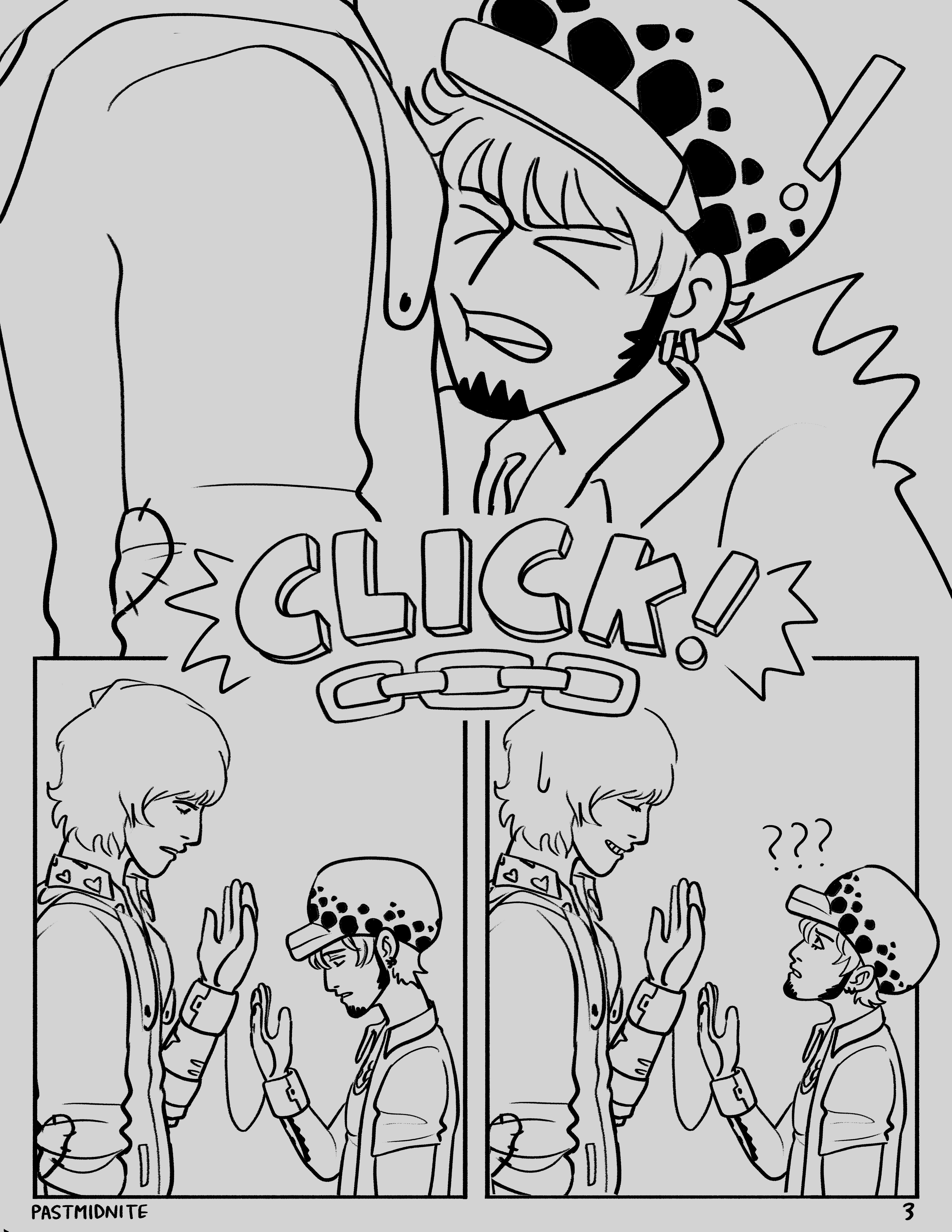 Panel 1: Law runs face-first into Cora's chest.Interstitial: CLICK! in big block letters with a connected chain underneath it.Panel 2: Law and Cora look down at the cuffs. They are now locked together with one cuff on Cora's wrist and the other on Law's.Panel 3: Law looks up at Cora with confusion. Cora smiles sheepishly.