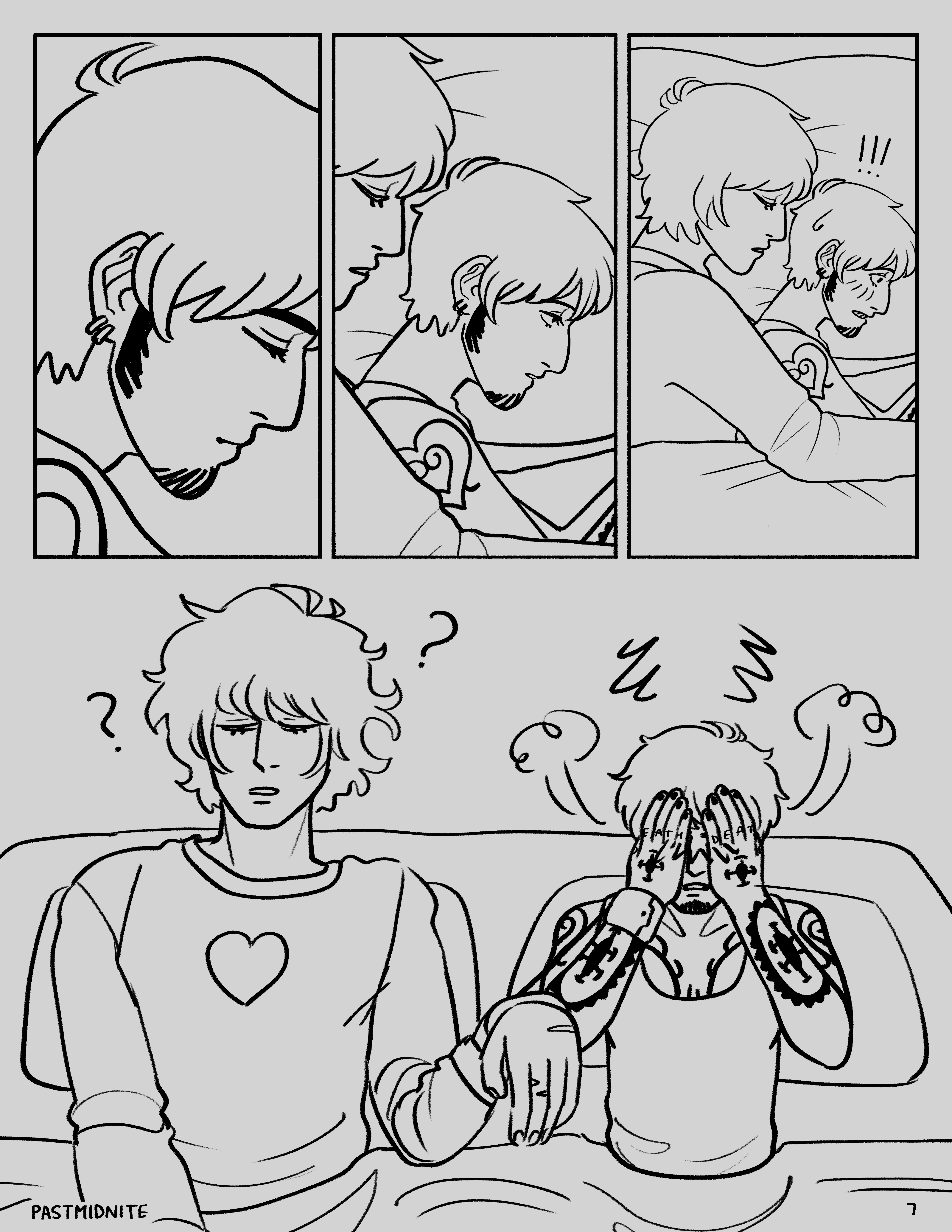 Panel 1: Closeup of Law's sleeping face in profile.Panel 2: Slight zoom out as Law wakes, revealing a sleeping Cora with his arm around Law.Panel 3: Law is fully awake, surprised and embarrassed as he realizes that Cora is spooning him.Panel 4: Law sits up in bed, hands covering his eyes, blushing and flustered. Cora is barely awake and confused beside him.