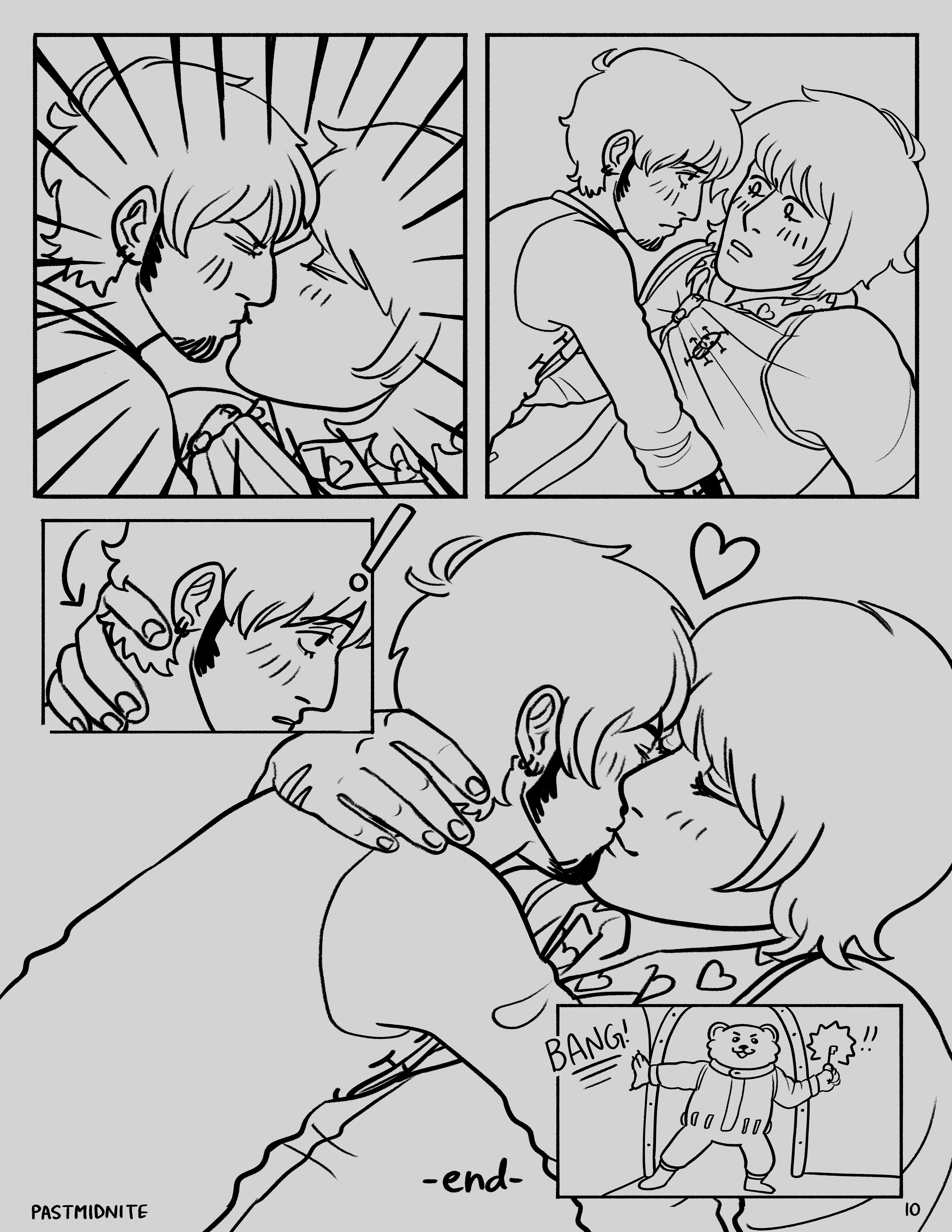 Panel 1: Law grabs Cora by the collar and kisses him. Their eyes are squeezed shut and radial action lines surround them.Panel 2: Law pulls away. He looks totally miserable and pathetic. Cora appears totally shocked by this development. They're both blushing hard.Panel 3: Closeup of Cora's hand sliding around the nape of Law's neck - Law looks surprised.Panel 4: Law and Cora kiss - this time, they're both smiling. There's a little heart above their heads.Panel 5: Bepo bursts into the room, triumphantly holding the key.The end!