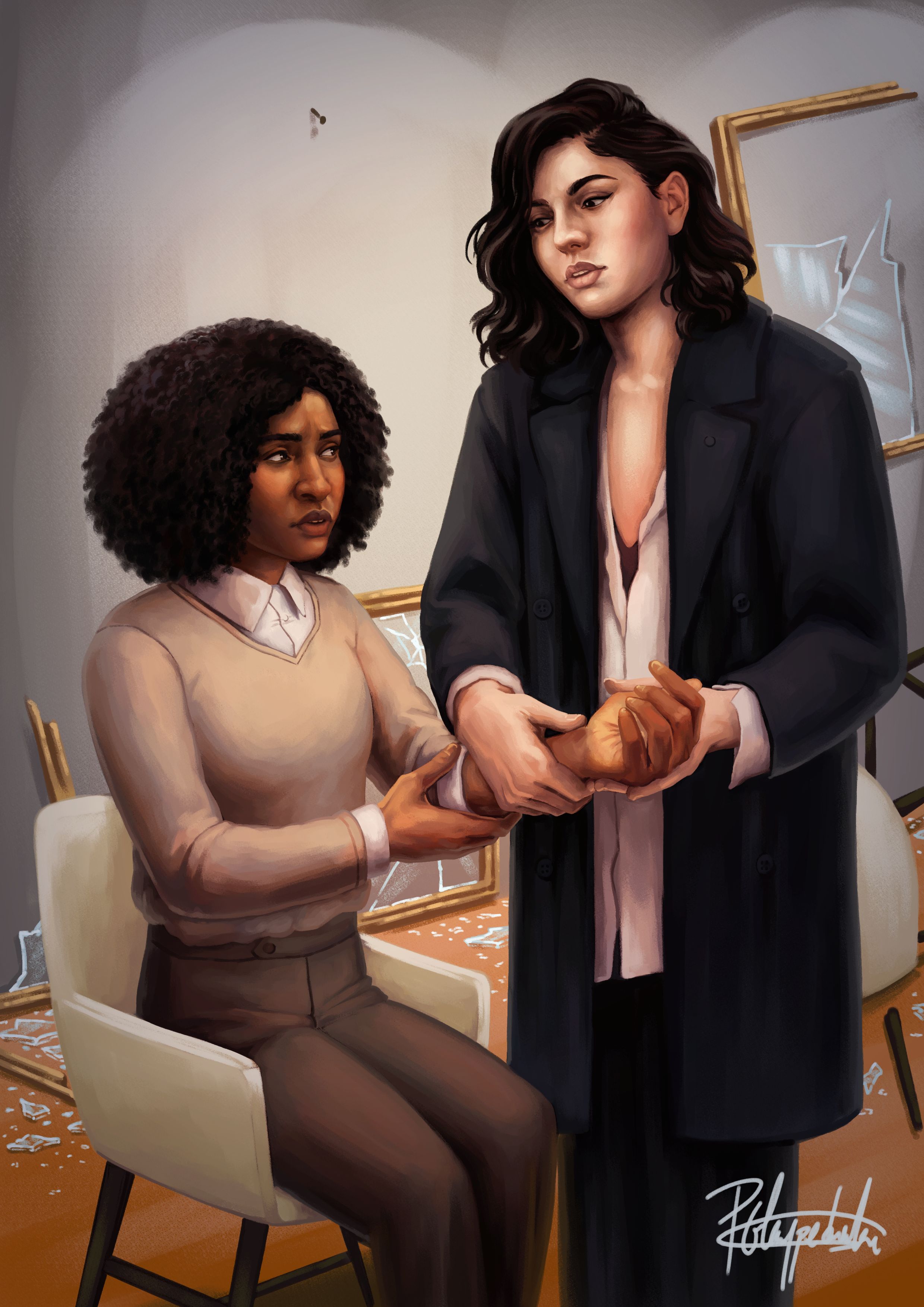 A seated dark skinned woman in Job Interview clothes with a gorgeously full and orderly afro has her wrist being checked for injuries by a standing woman with light tan skin; she is wearing a black trenchcoat and yoga pants, and has shoulder length black hair.