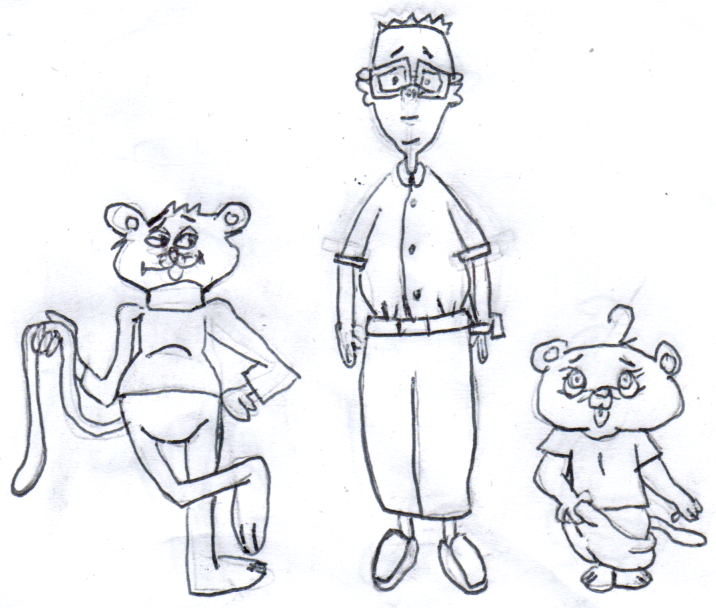 A boy in glasses surrounded by two anthropomorphic panther boys