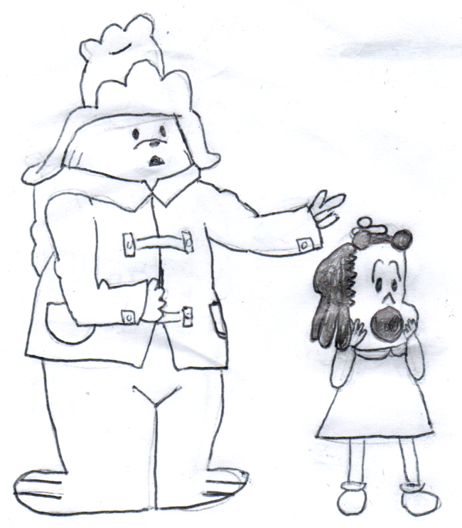 Paddington (a bear) and Lulu (a small girl) looking shocked at something, Paddington pointing towards it, Lulu with her hands on her face