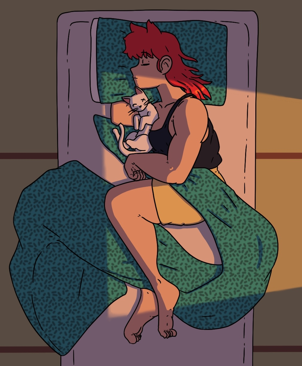 Art by Beedok. Ranma Saotome, sleeping in a futon, with a small, white cat curled up against her chest. The cat, Hiro, has three legs, and is missing an eye, but is happily cuddled up to her, in a similar pose to Ranma. Ranma's hair is down, and she is wearing a black tanktop, exposing her muscles, which are visibly larger than they were earlier in the story.