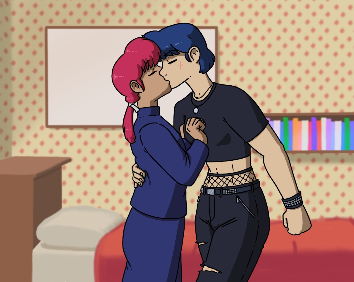 Art by Beedok. Akane Tendo is kissing Ranma Saotome, in Akane's bedroom. Ranma, despite being in girl form, is wearing the Furinkan High Men's Uniform. Akane is wearing a goth-style outfit, with an exposed midriff. There is a small but visible scar on Akane's left cheek.