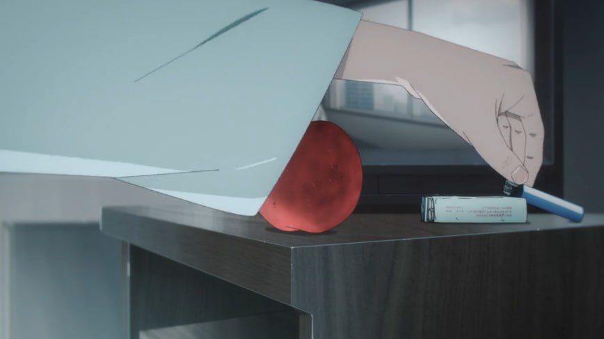screenshot of a person reaching for cigarettes over an apple in a hospital setting