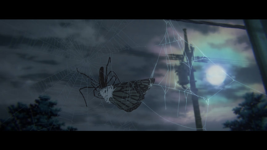 screenshot of a spider webbing away a butterfly