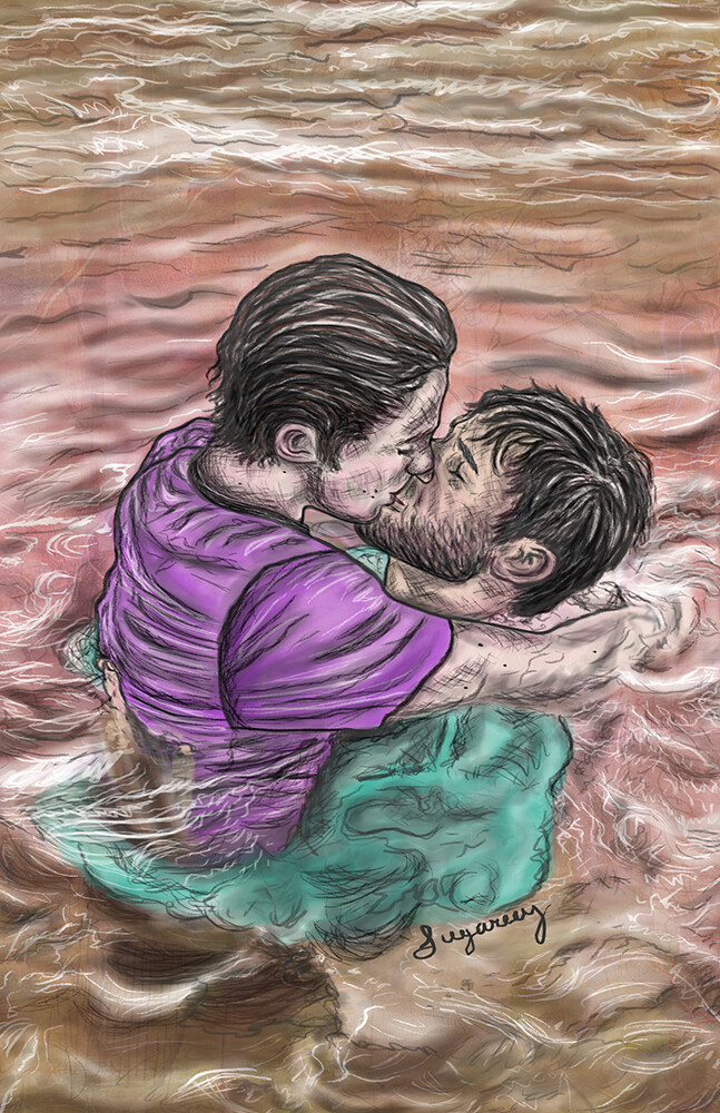 Stiles Stilinski and Derek Hale floating in the middle of a body of water, desperately kissing each other under a sunset. Stiles is on the right dressed in a purple t-shirt and Derek is wearing an aqua long sleeve shirt.
