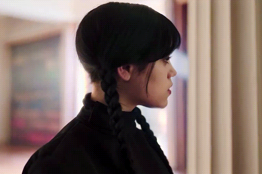 Wednesday turns, only to see a very angry Enid. In brackets, “is gonna kill a fish”.