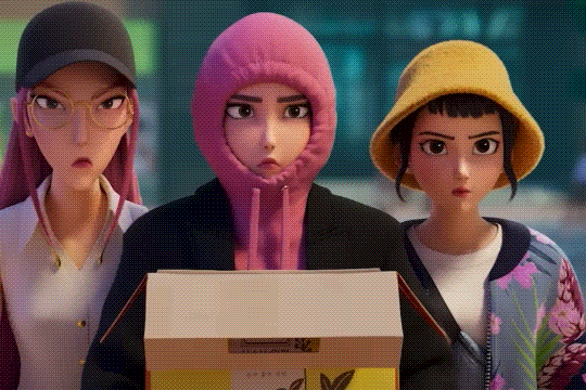 Rumi, Mira, and Zoey leaning in to stare at pink smoke, from which Wednesday appears.