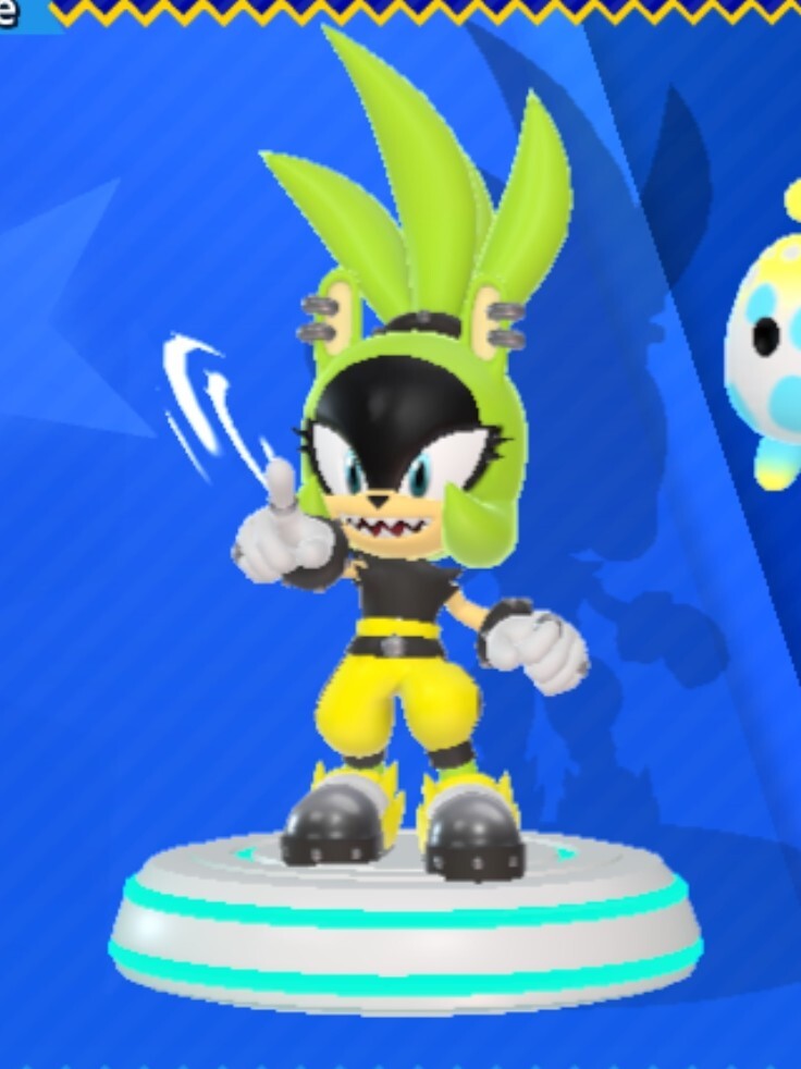 Surge, a green anthro tenrec with three quills gathered into a high ponytail. She's grinning with shark-like teeth and pointing at the viewer.