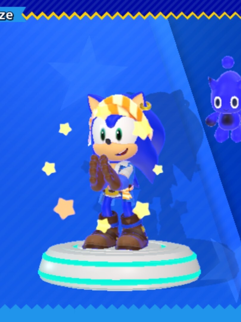 Sonic the Hedgehog dressed in a pirate outfit with a striped bandana, jacket, and boots. He's smiling and clapping.