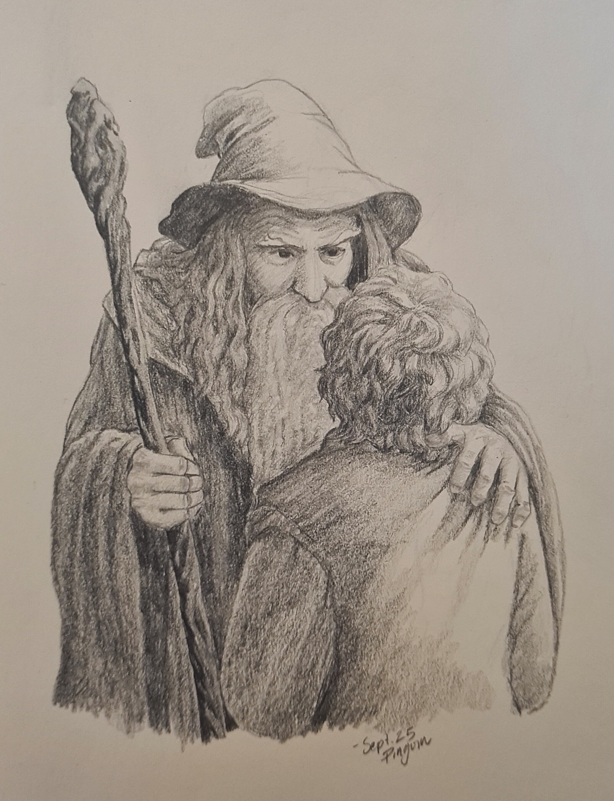 A pencil drawing of Gandalf who's grasping Bilbo's shoulder. We only see Bilbo's back, Gandalf looks down at him with a concerned expression. In his left hand he holds his staff.
