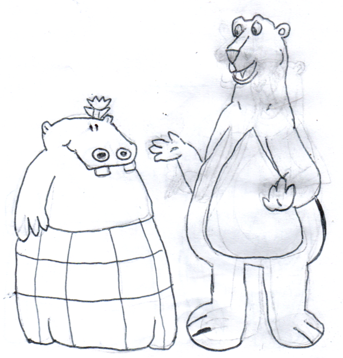 A hippo in a skirt meeting a polar bear who is not wearing clothes