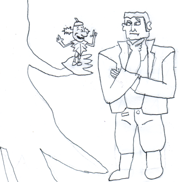 A little man made of plants, standing on a tree branch, talks to a full-sized man in a big-collared jacket, who looks to be considering what he is being told