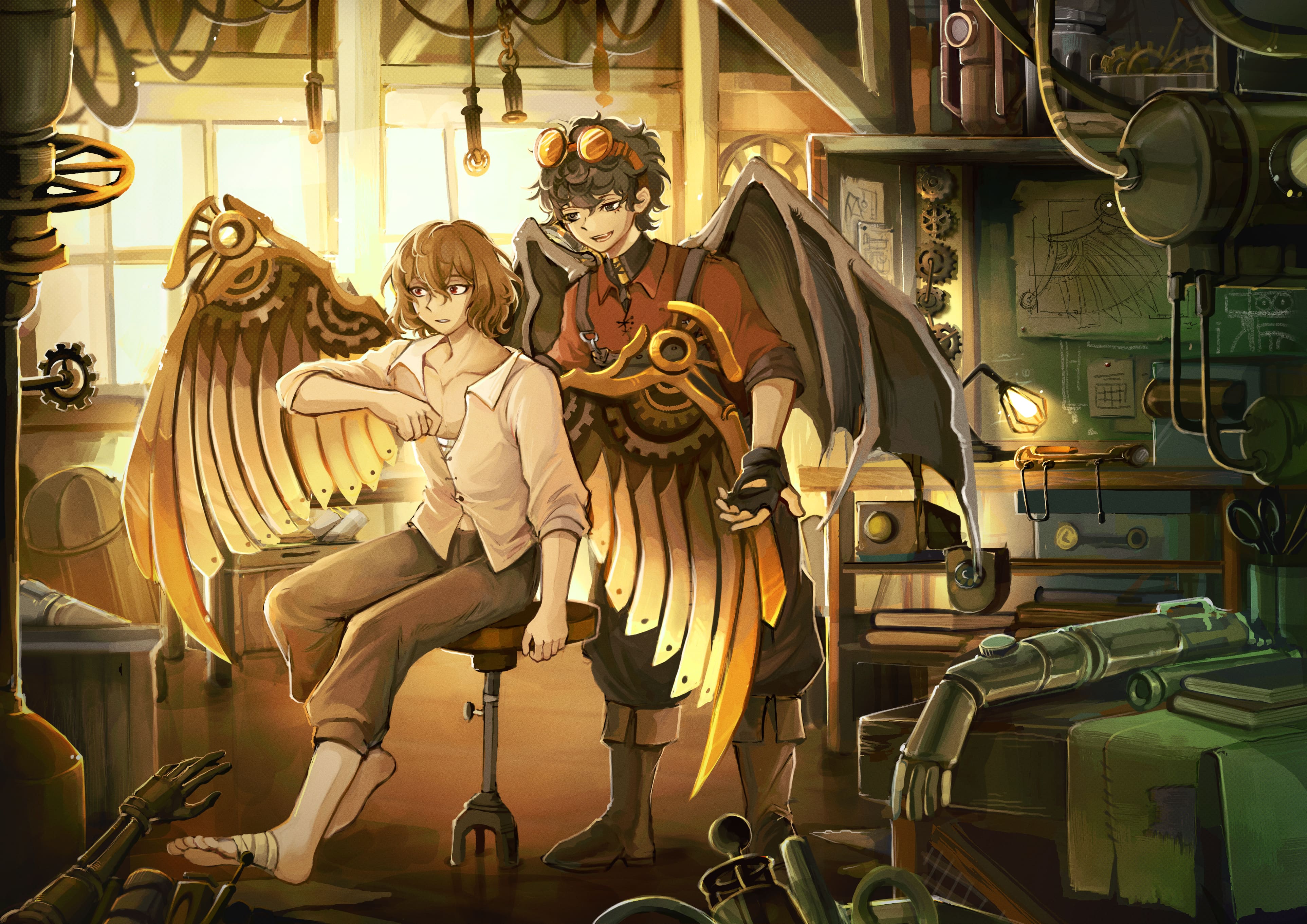 In Ren’s workshop, Goro sits on a stool and stretches his new mechanical wings while Ren stand behind him, bat wings unfurled.