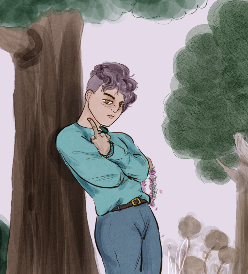 Fanart of Ashley, from the webcomic "I became a boy for revenge", leaning against a tree like Vegeta at end of Cell Saga, holding up their middle finger. 