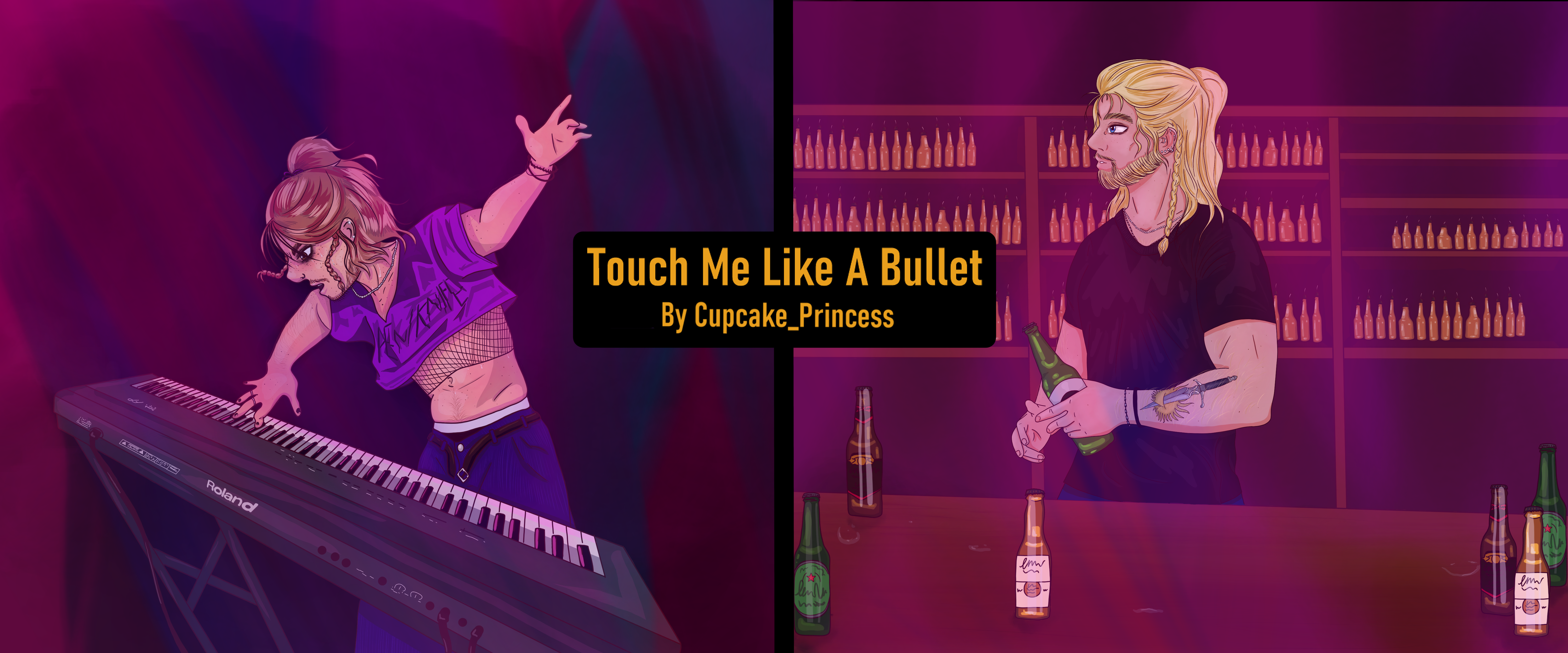 Touch Me Like A Bullet cover art. Ori playing the piano and Fili looking on in shock.