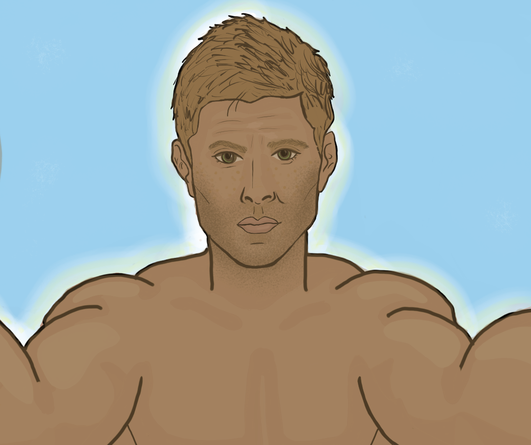Topless Dean in shadow against a bright sky, biceps bulging as he pins somebody (Castiel) down