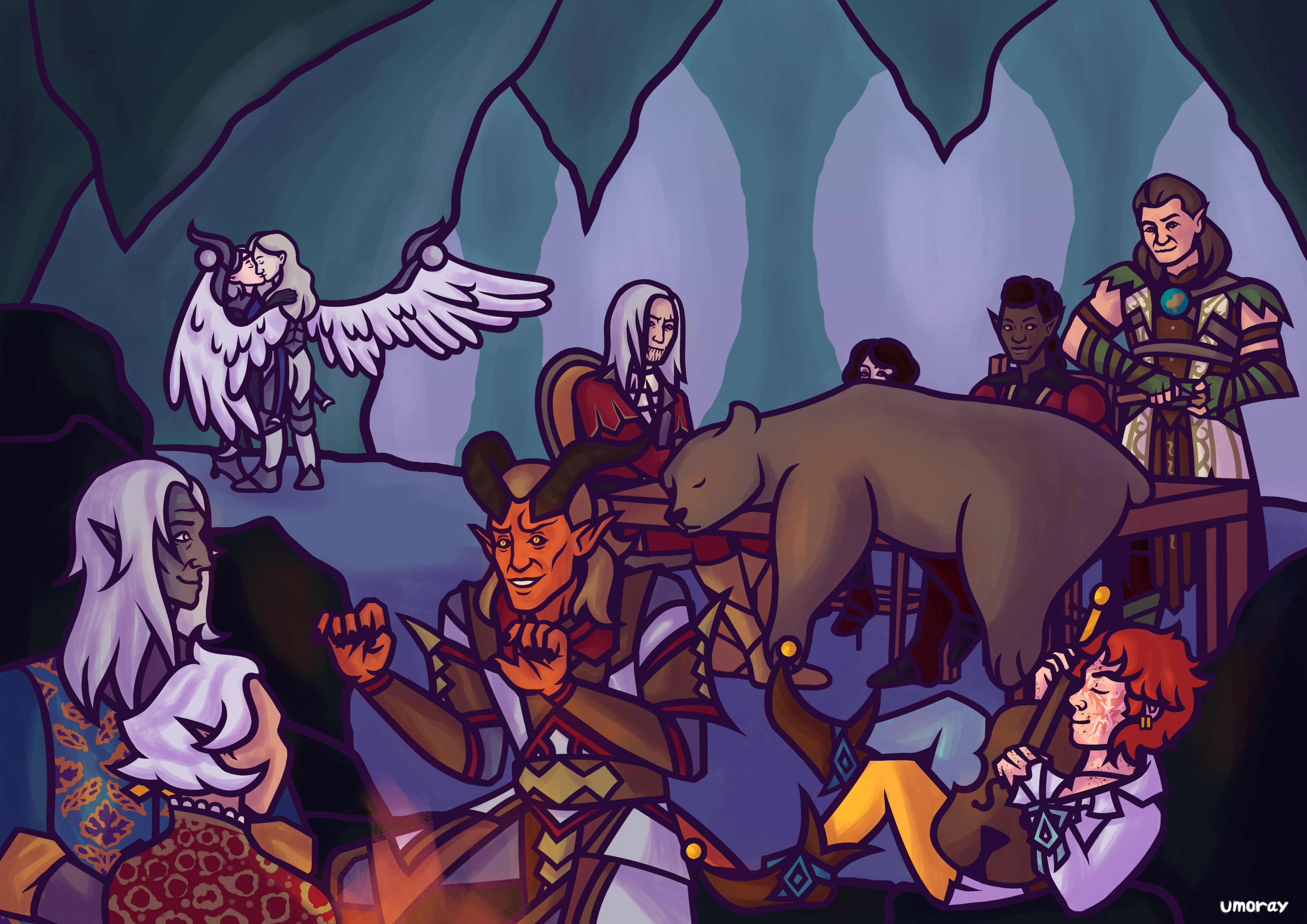 All our merry heroes gathered at the vampire spawns' settlement, enjoying one another's company.