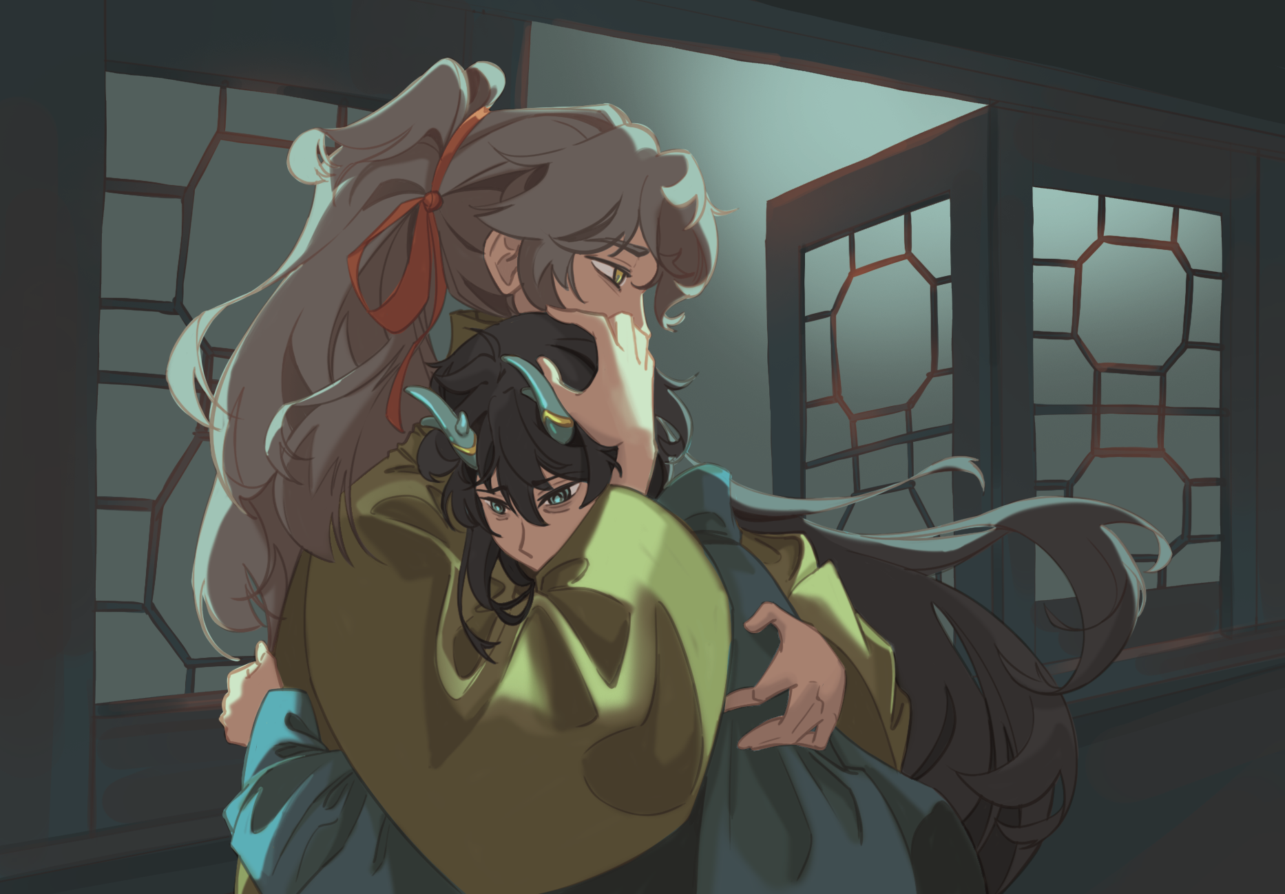 Jing Yuan holds and comforts a frightened Dan Heng in the bedroom.