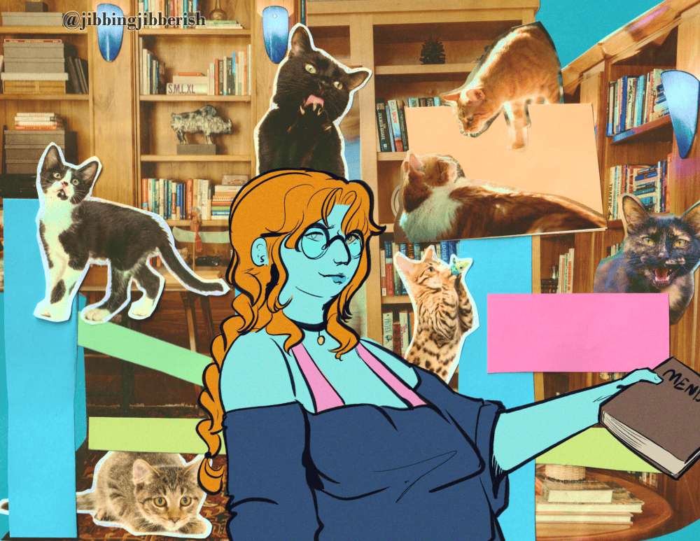 page 2 and 3: A page featuring collage and digital illustration by jibbingjibberish. Zombiecleo is drawn digitally in the center. They look at the viewer, leaning back with a confident gaze. They're holding a brown book that says 'mending', and are wearing a dark blue shirt, pink bra straps, and a black collar that has a golden bell dangling from it. Adorable cats collaged from a magazine are present, along with strips of colorful paper made to resemble cat trees. The background is comprised of full bookshelves.