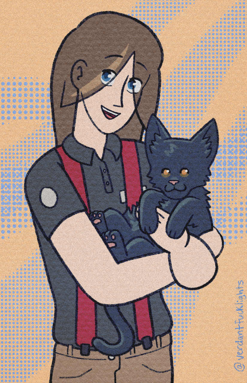 page 7: A digital illustration by frogkiss / @verdantfucklights of season 11 firefighter pearl holding her black cat with orange eyes. She smiles with an open mouth and cradles the cat against her chest. The cat's paws curl cutely around her arm. The background is orange with blue screen tone dots. Texture is applied to the piece to make it look as if it is printed in some way.