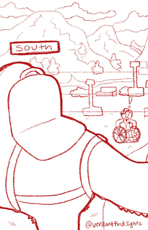Page 8: The rear cover of the minizine by frogkiss / @verdantfucklights. This is the other half of the front cover illustration, sketched in red. The torso of Gem's camel makes up the foreground of the image, including the seat situated in front of her hump to ride on and her nametag floating above her. Her name is South. Behind, a wheelchair-using man — Scar in his mob boss attire — wears a shocked expression, emphasized by an exclamation point above his head. In the distance, the outskirts of the shopping district turn to forested hills turn to moutains and open sky.