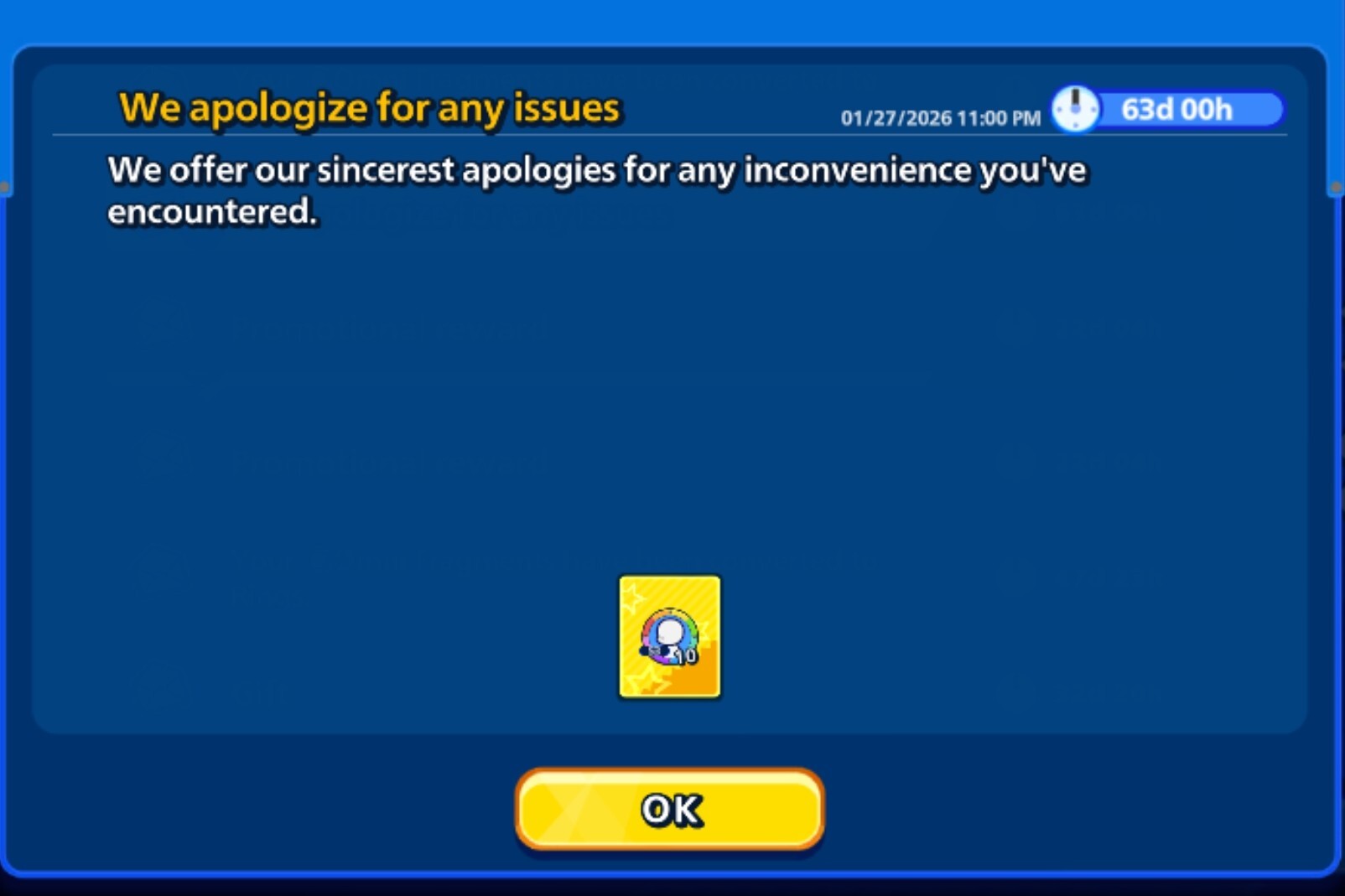 A message from the developers apologizing for any issues, and offering a consolatory 10 skin fragments.