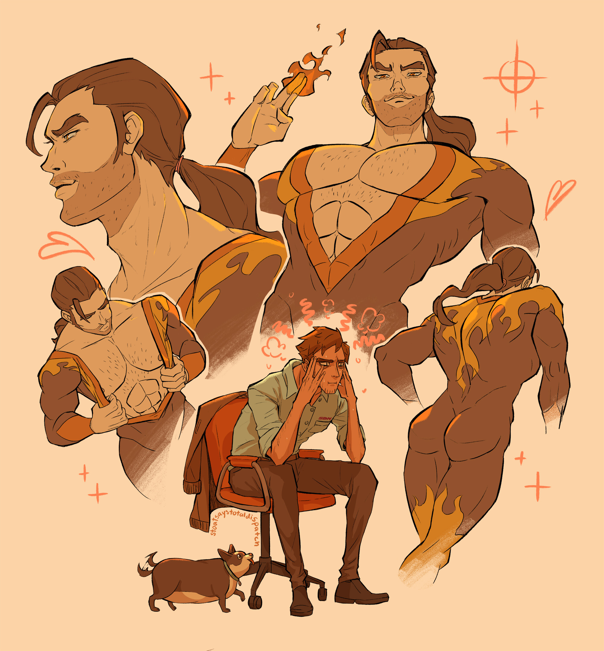 Artwork of Robert Robertson the Third hunched over in his SDN office chair. His head is in his hands, and he stares blankly ahead with a sweaty, tormented expression. All around him are mental images of his coworker, the hero Flambae, with a focus on his physically appealing assets. One corner focuses on his neck. Another on his muscular torso as Flambae looks down at Robert with a smug cat face, two fingers lit aflame. Another shows Flambae in the process of dressing as he pulls together his V-shaped uniform, revealing just the bare edges of his nipples. The final daydreamed image is of Flambae's muscular back, with his rear particularly highlighted. Robert appears to be functionally useless while these thoughts run rampant in his head. His dog, Beef, cluelessly darts around Robert while the man sits and contemplates his existence in his office chair.