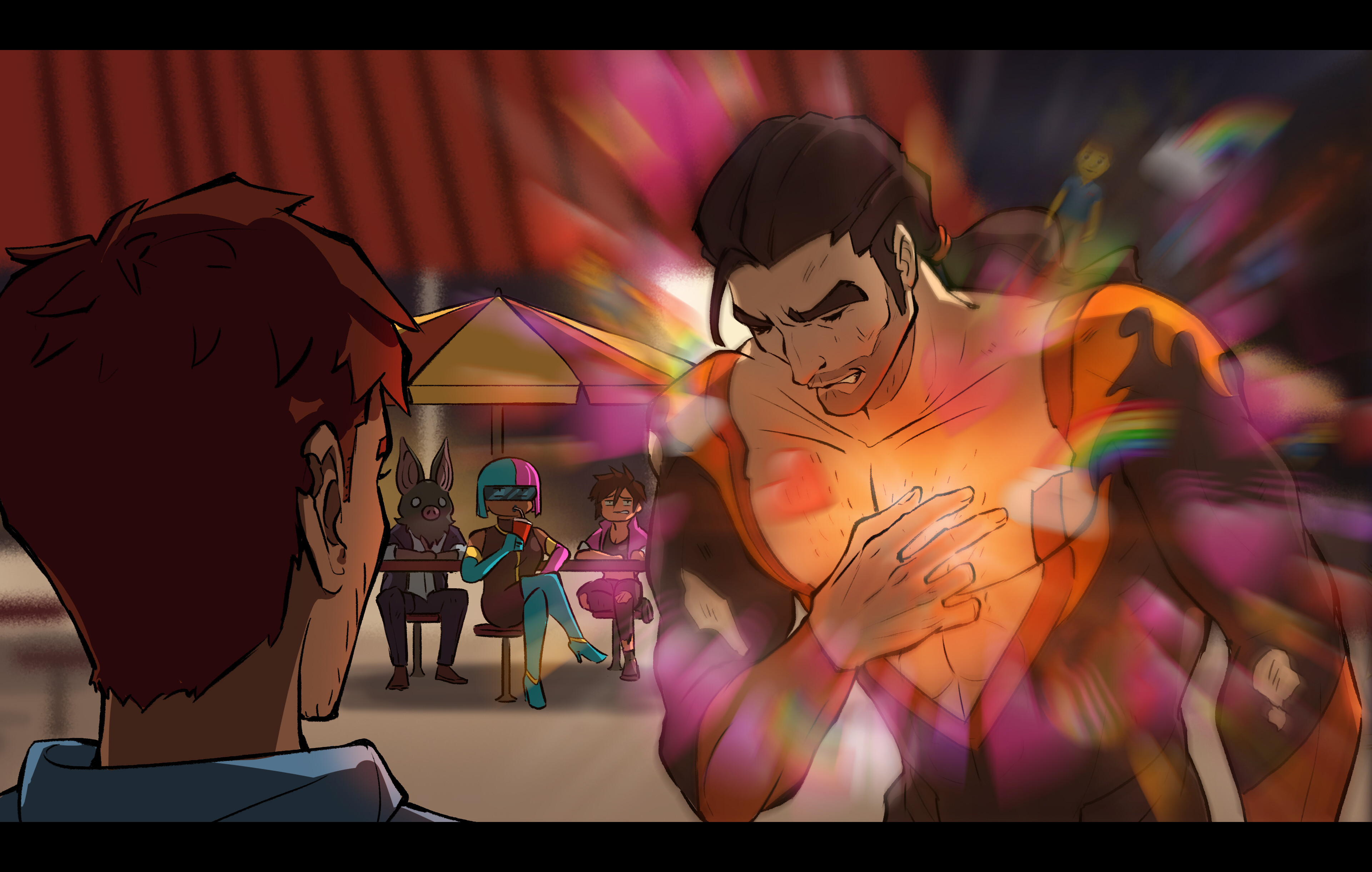 Illustration of Flambae's reaction. The hero clutches his chest in dramatic, agonized pain as an array of hearts, rainbows, and standing man emojis resembling Robert explode around him. In the back by the Del Taco are three of the Z-Team watching Flambae's embarrassing lack of chill for Robert's request: Prism judges Flambae while sipping a soda, Invisigal grimaces at the PDA, and Sonar stares blankly. Robert has no reaction to Flambae's gay disaster and is just waiting for the hot sauce.