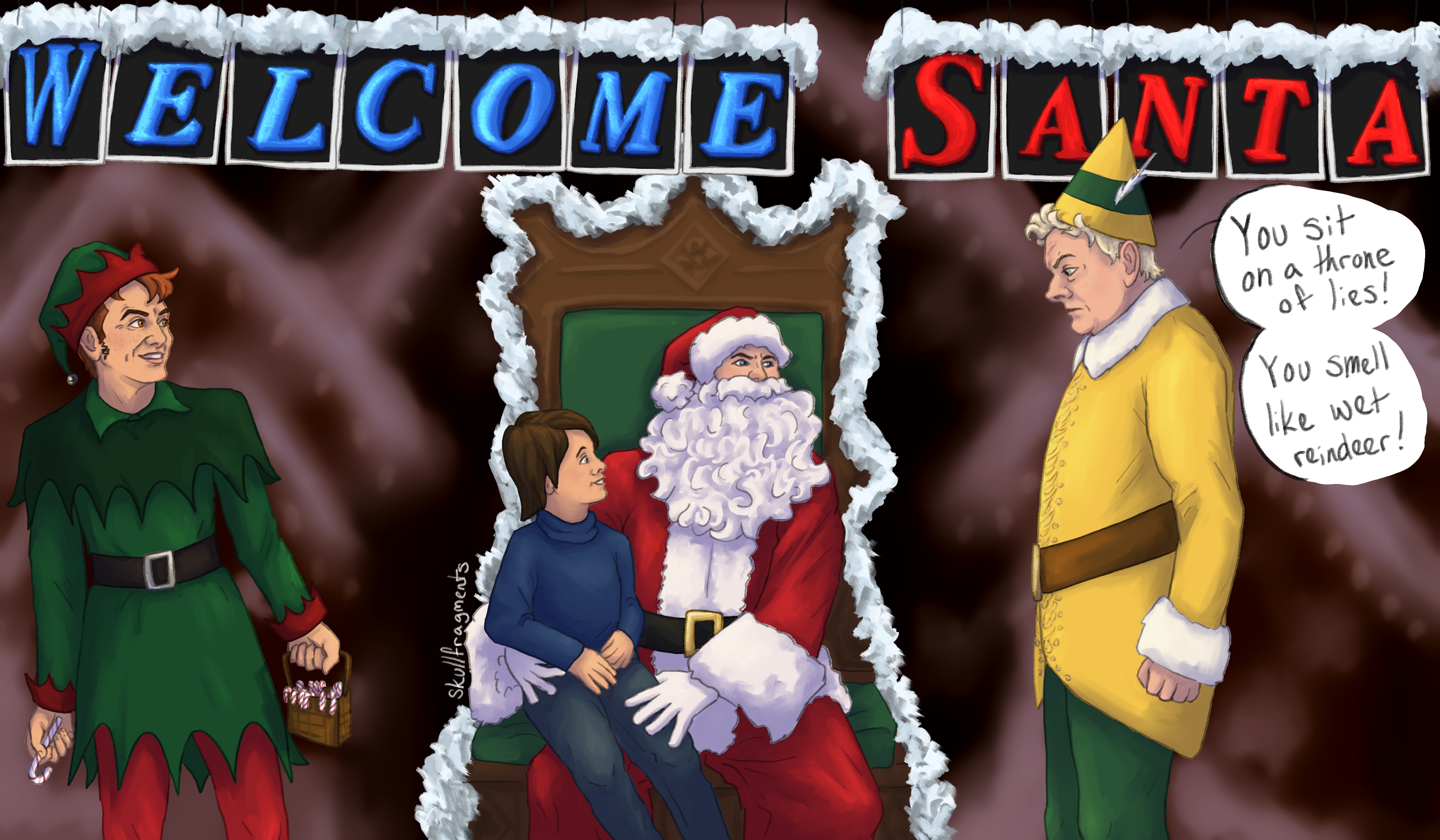 The scene similar to that from the Elf movie. The fake Santa is sitting on the throne, Warlock in his lap. Aziraphale in yellow-and-green elf costume confronts him. On the other side of the throne, Crowley in green-and-red elf costume watches gleefully.