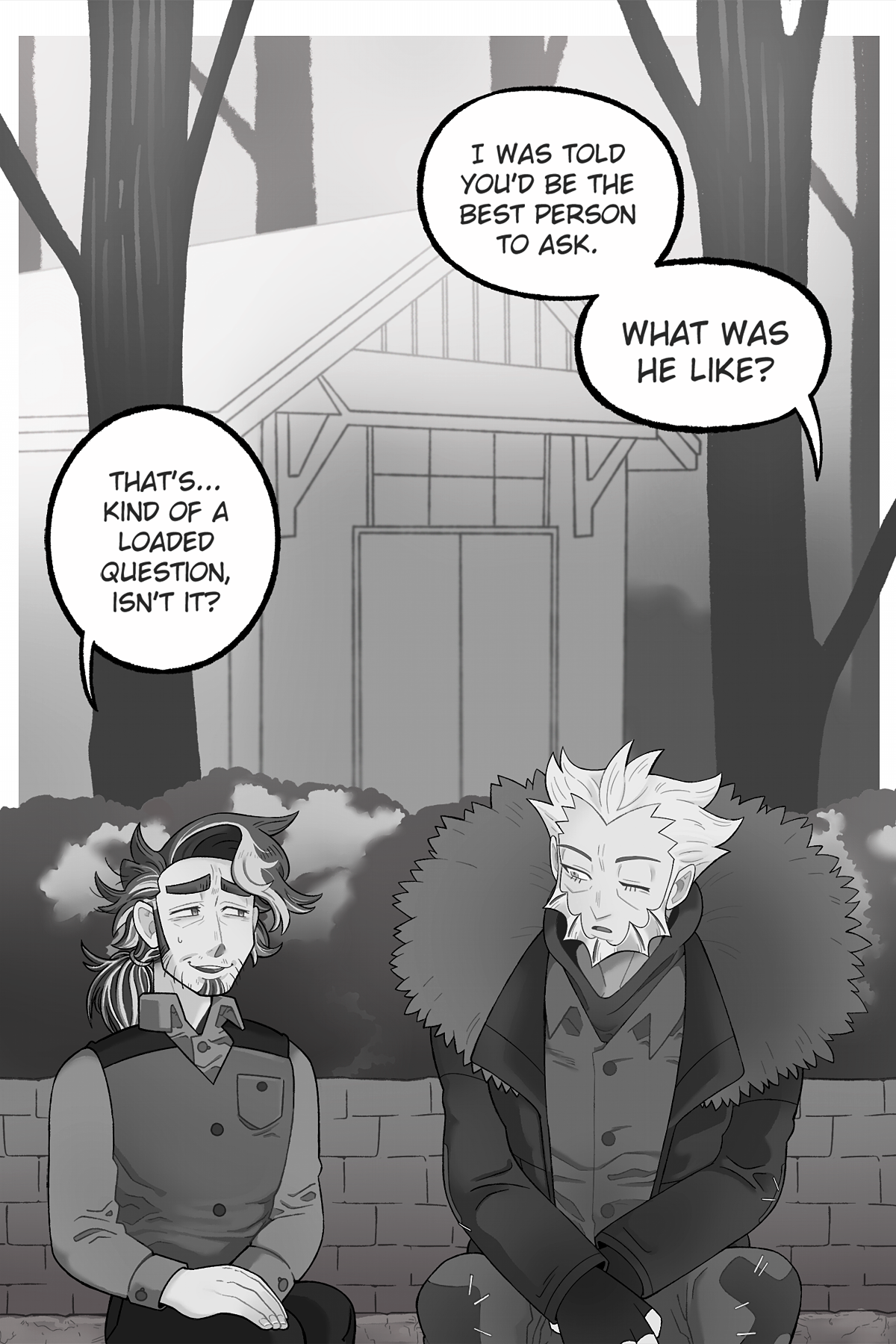 Six pages long digitally drawn fancomic for Pokémon Legends Z-A/Pokémon X&Y. This is the first page. An older Professor Augustine Sycamore is sitting next to L on a low wall. There are trees and bushes behind them, and a little cabin. They are looking at each other. Sycamore is smiling, a little uncomfortable. L's face is neutral. L says, 'I was told you'd be the best person to ask. What was he like?' Sycamore replies, 'That's... kind of a loaded question, isn't it?'