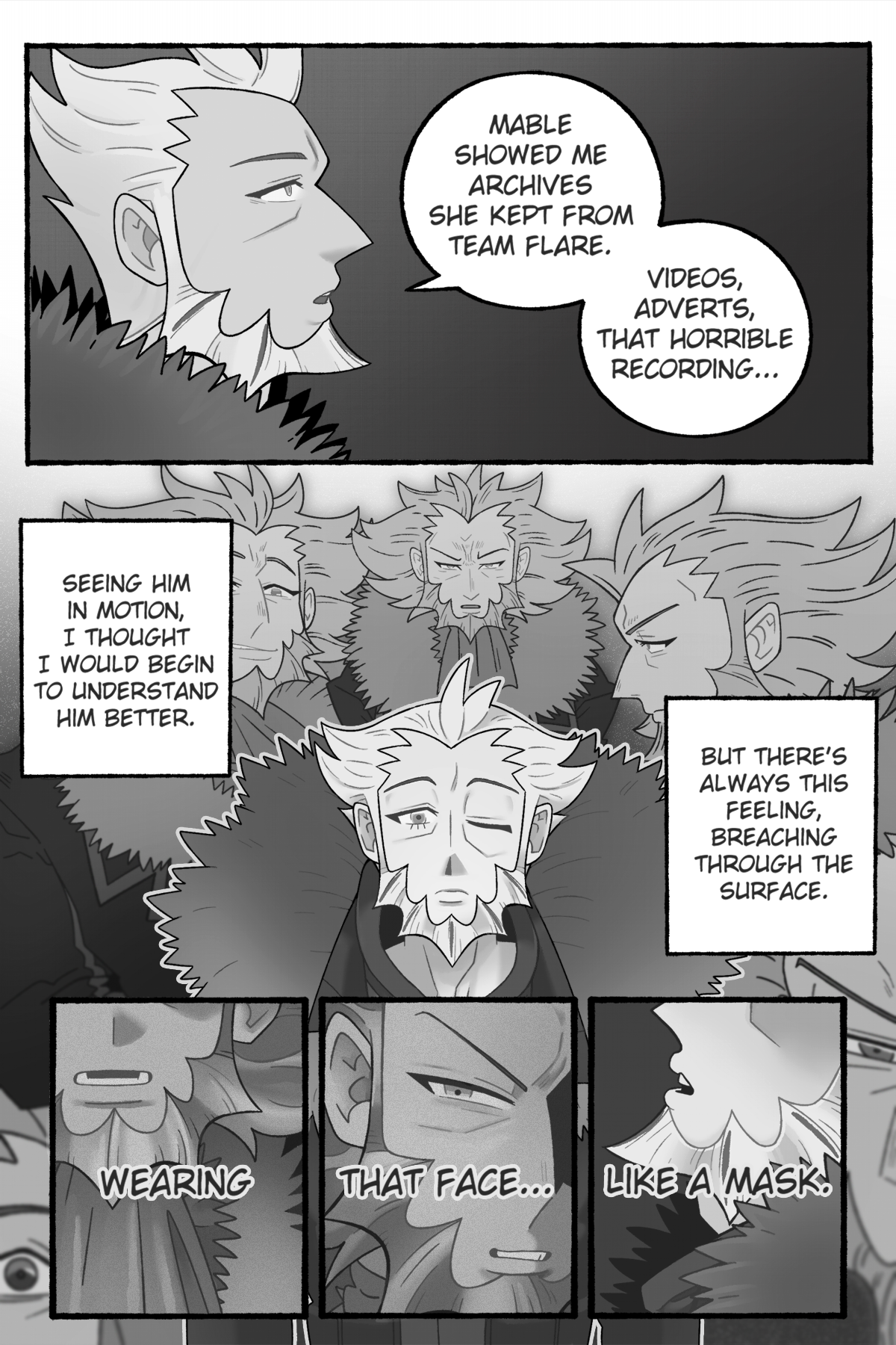 Six pages long digitally drawn fancomic for Pokémon Legends Z-A/Pokémon X&Y. This is the second page. The first panel shows L speaking, seen in profile. He says, 'Mable showed me archives she kept from Team Flare. Videos, adverts, that horrible recording...' The second panel shows L seen from the front this time, surrounded by images of Lysandre displaying various emotions. L continues, 'Seeing him in motion, I thought I would begin to understand him better. But there's always this feeling, breaching through the surface.' Three smaller panels at the bottom show two zoomed-in views of Lysandre, with the last one showing L speaking with only the lower half of his face visible. L's dialogue goes on, divided through the panels: 'Wearing that face... like a mask.'